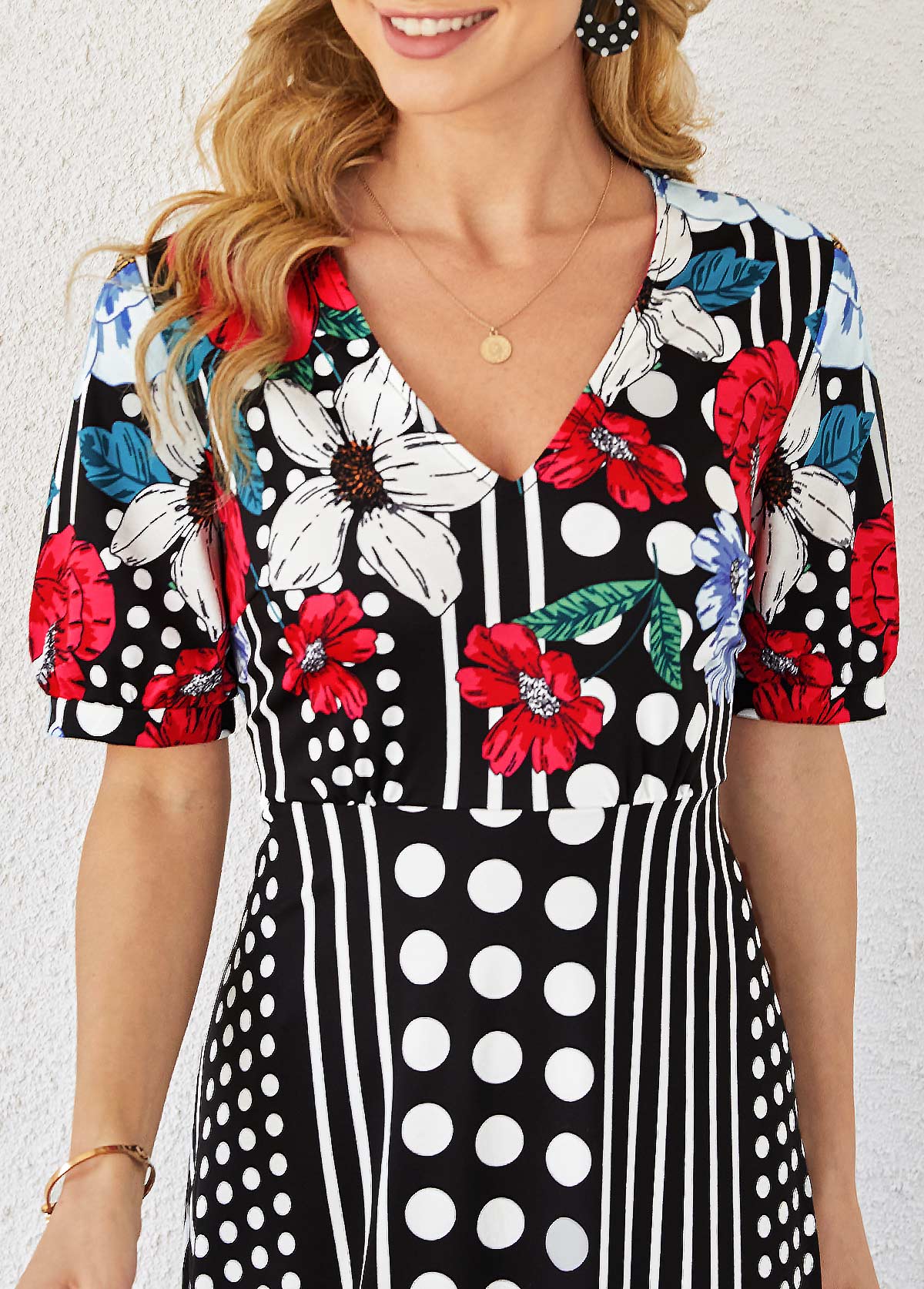 Polka Dot and Floral Print Short Sleeve Dress