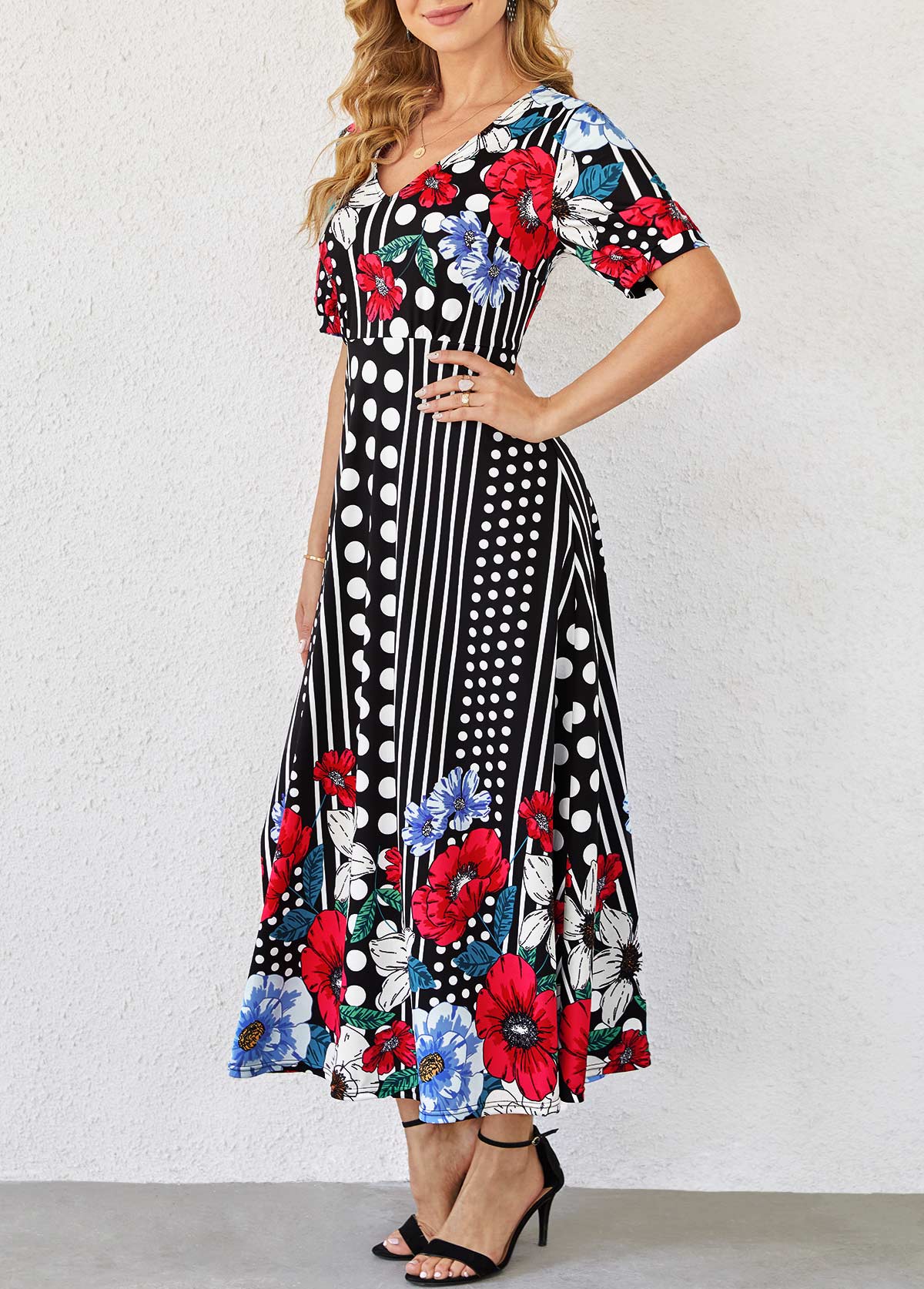 Polka Dot and Floral Print Short Sleeve Dress