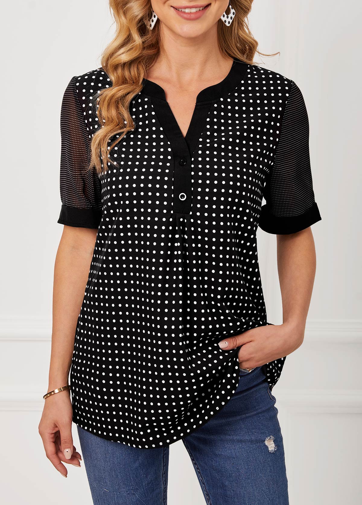 Polka Dot Split Neck Black Short Sleeve Blouse