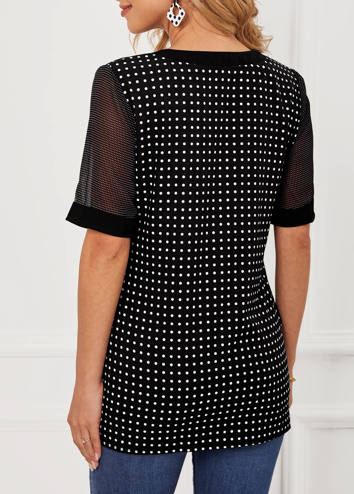 Polka Dot Split Neck Black Short Sleeve Blouse