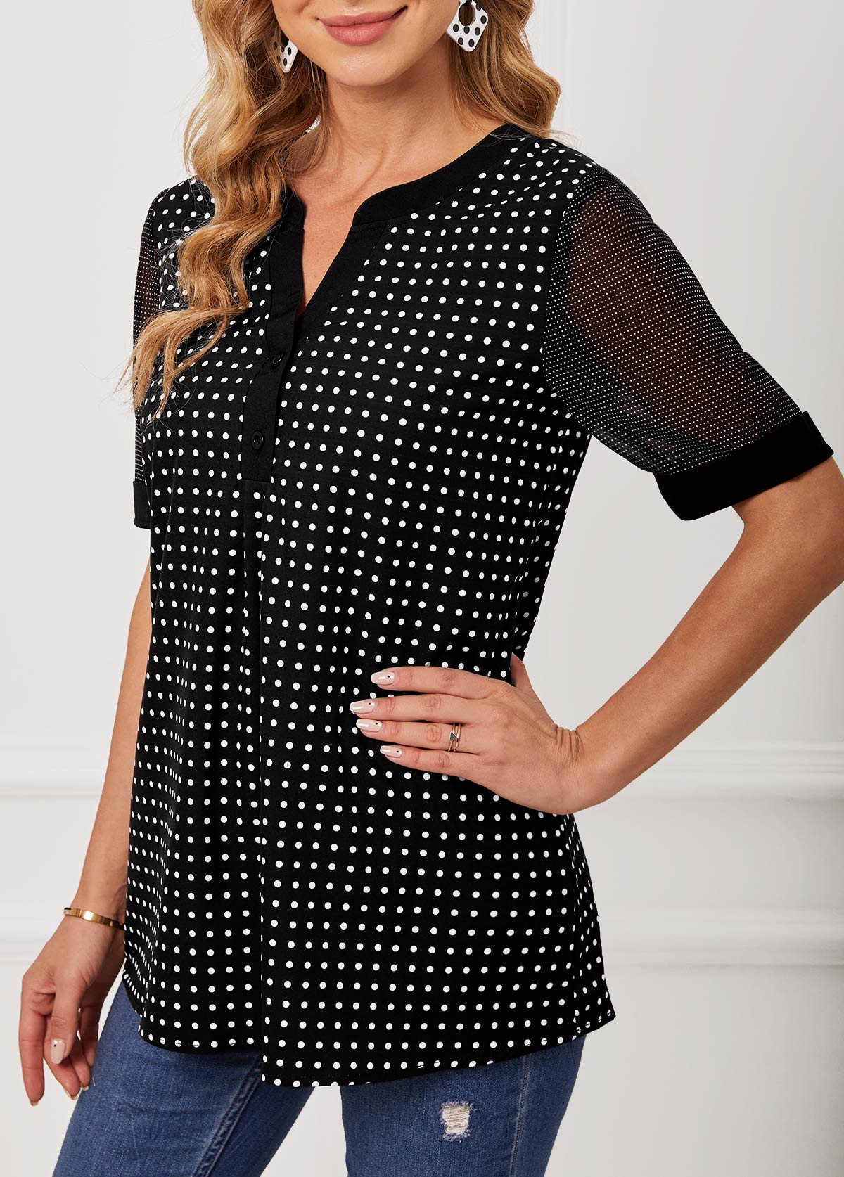 Polka Dot Split Neck Black Short Sleeve Blouse