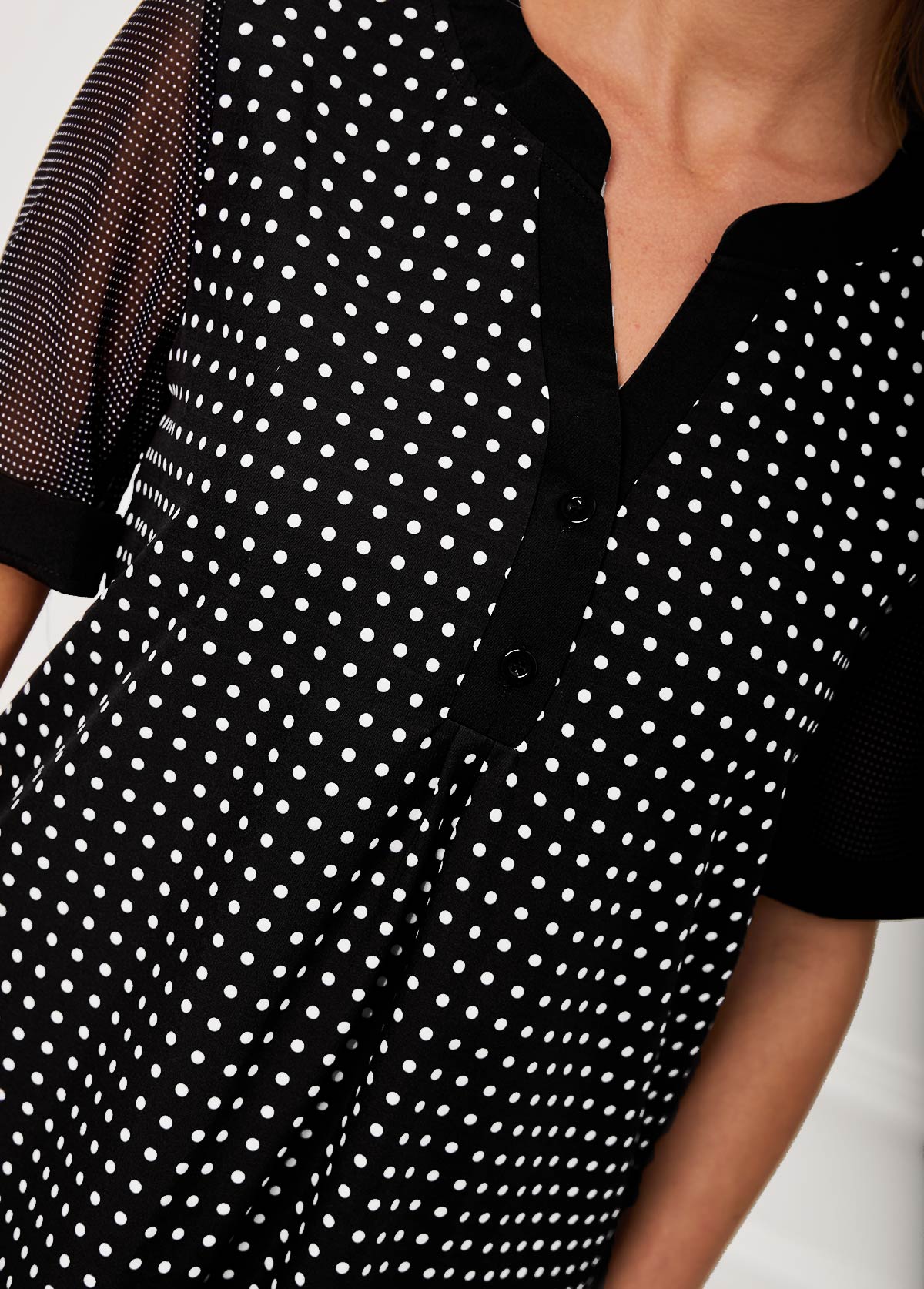 Polka Dot Split Neck Black Short Sleeve Blouse