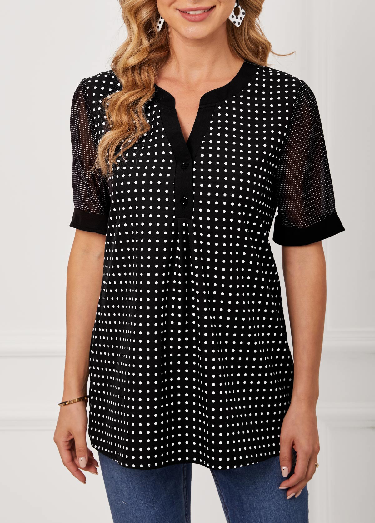 Polka Dot Split Neck Black Short Sleeve Blouse