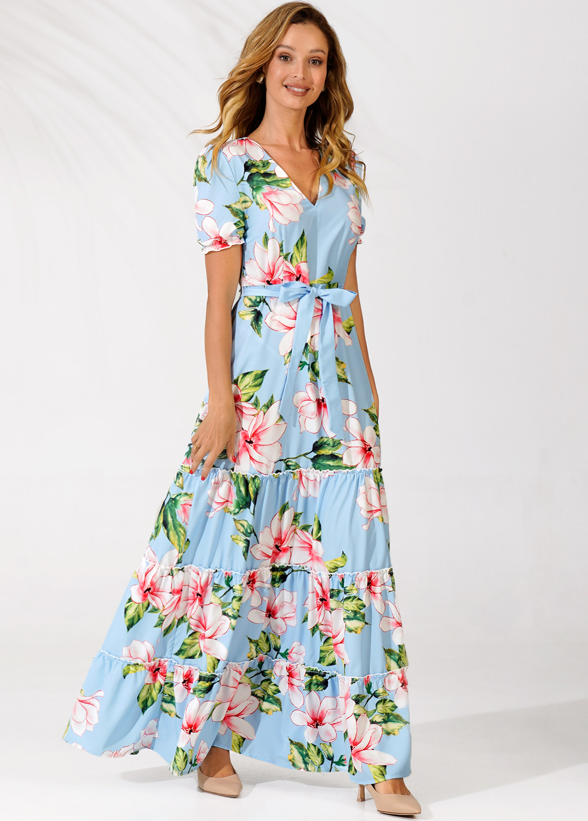 Light Blue Belted V Neck Floral Print Tiered Dress
