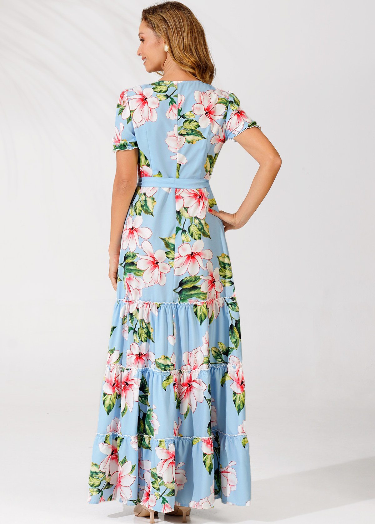 Light Blue Belted V Neck Floral Print Tiered Dress