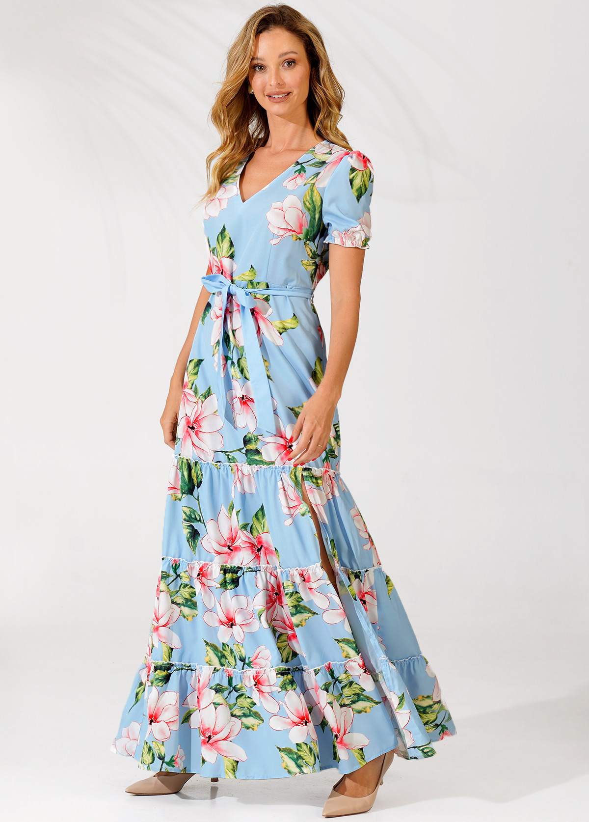 Light Blue Belted V Neck Floral Print Tiered Dress