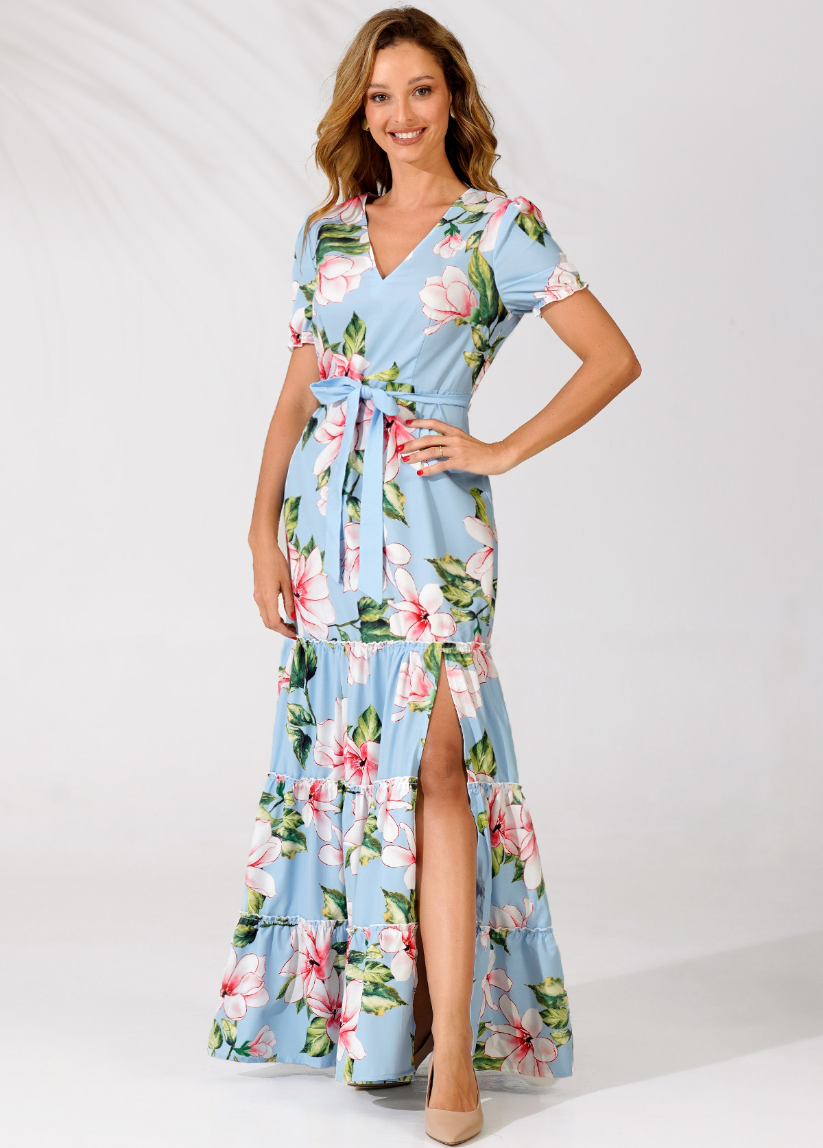 Light Blue Belted V Neck Floral Print Tiered Dress