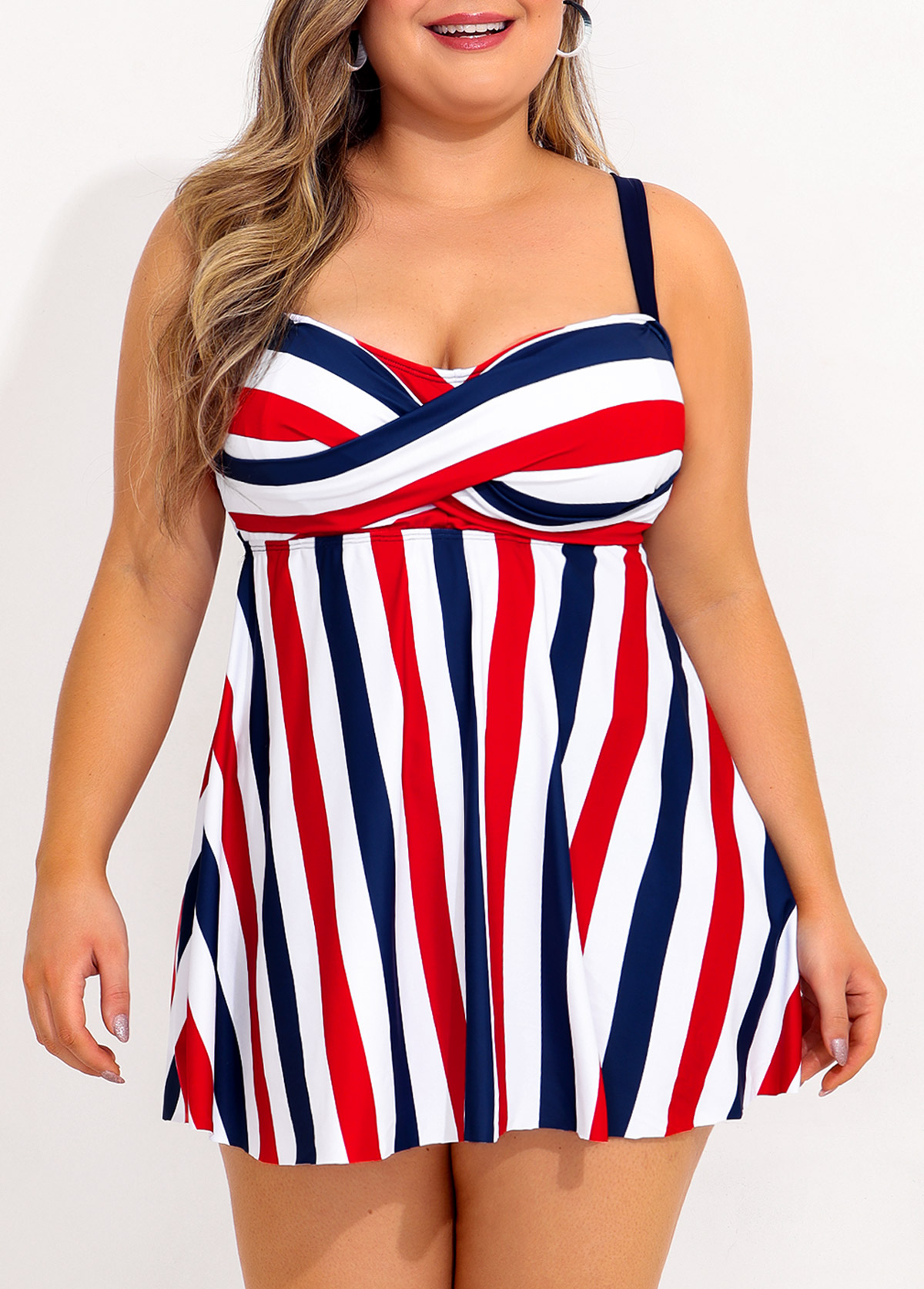Plus Size Cross Front Striped Swimdress and Panty