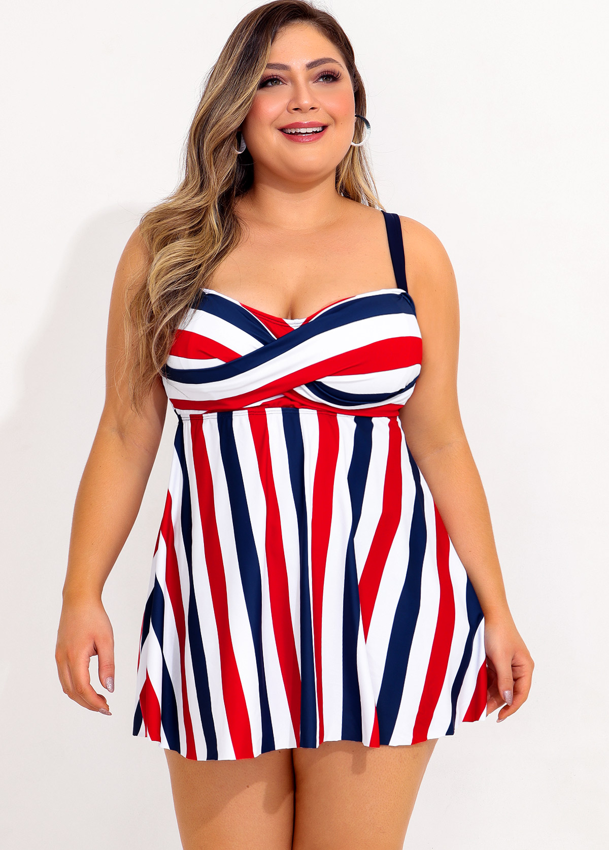 Plus Size Cross Front Striped Swimdress and Panty