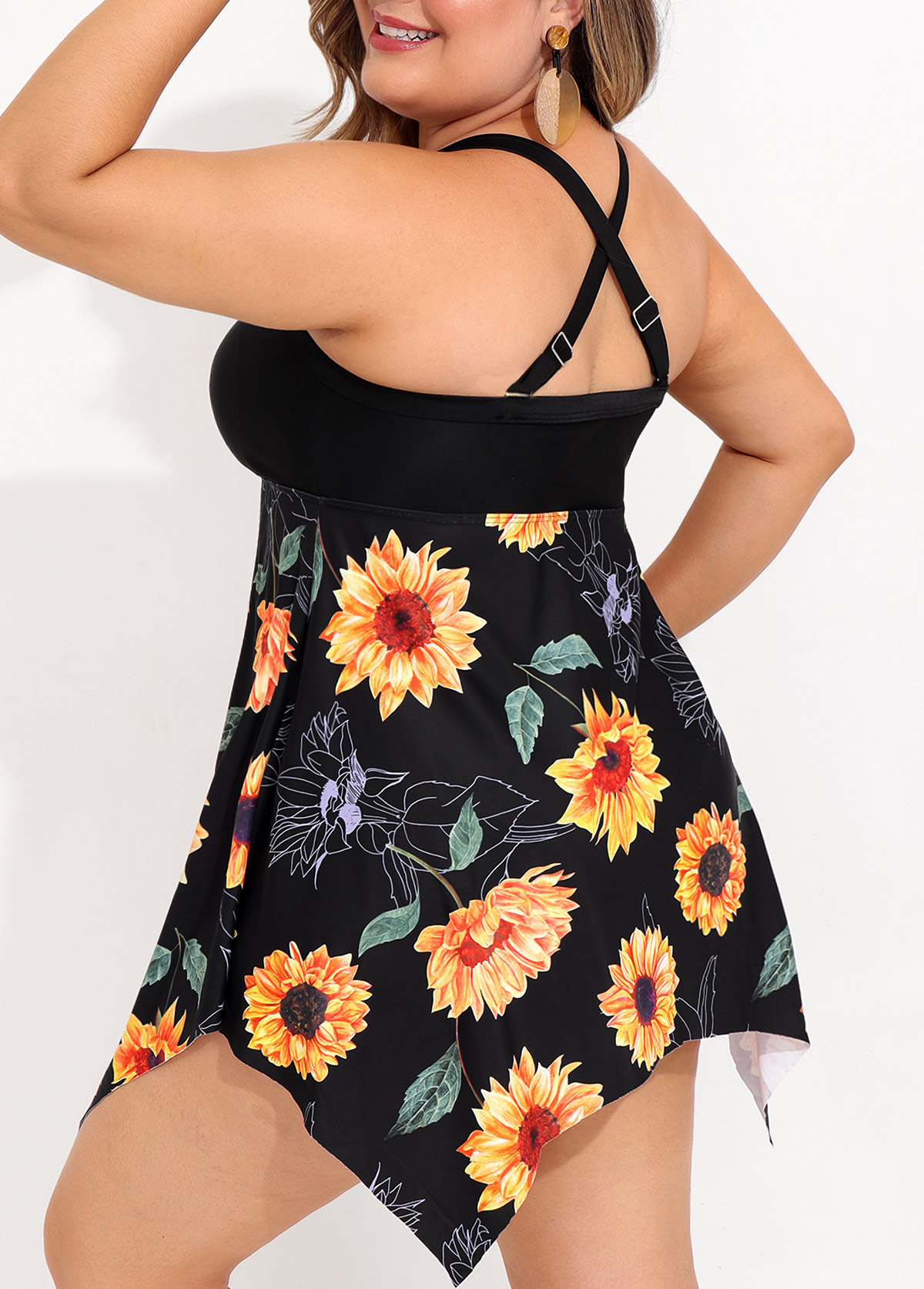 Asymmetric Hem Plus Size Sunflower Print Swimdress Top