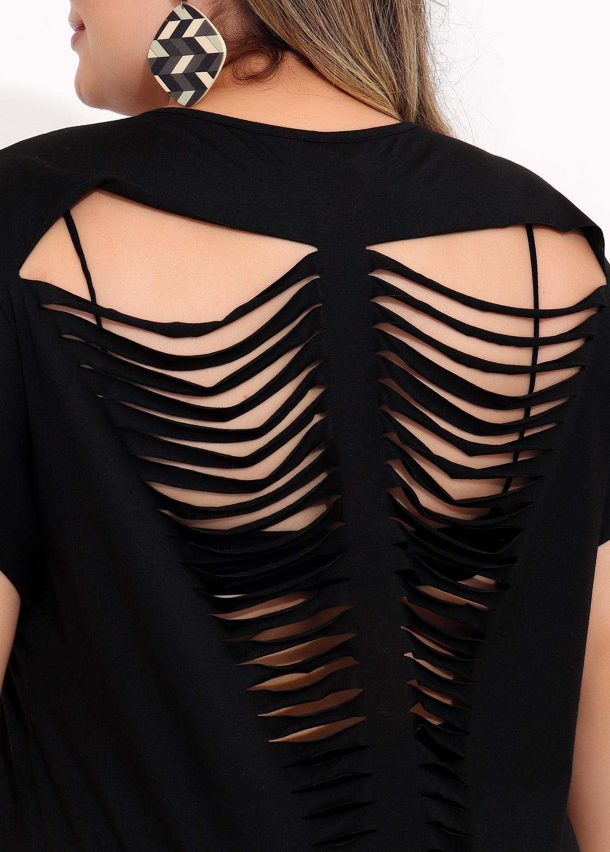 Plus Size Sheer Back Short Sleeve Black Cover Up