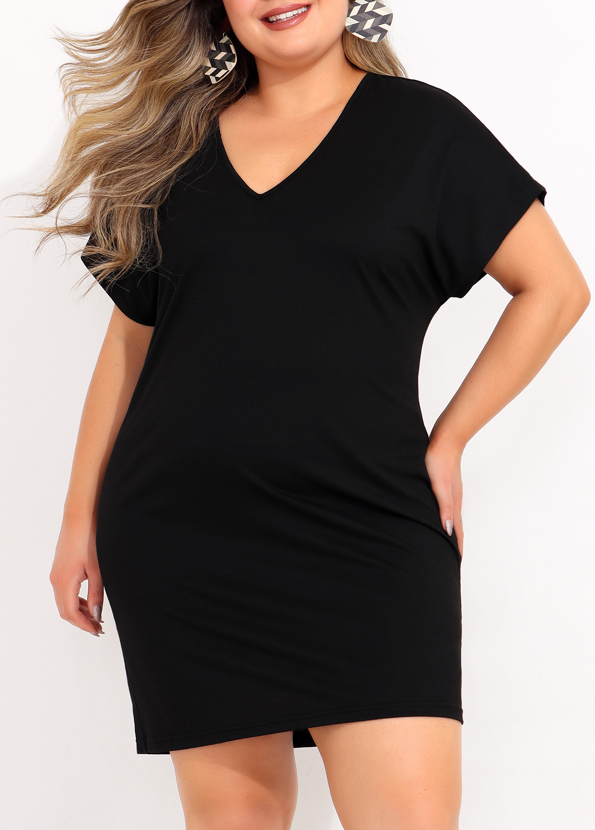 Plus Size Sheer Back Short Sleeve Black Cover Up