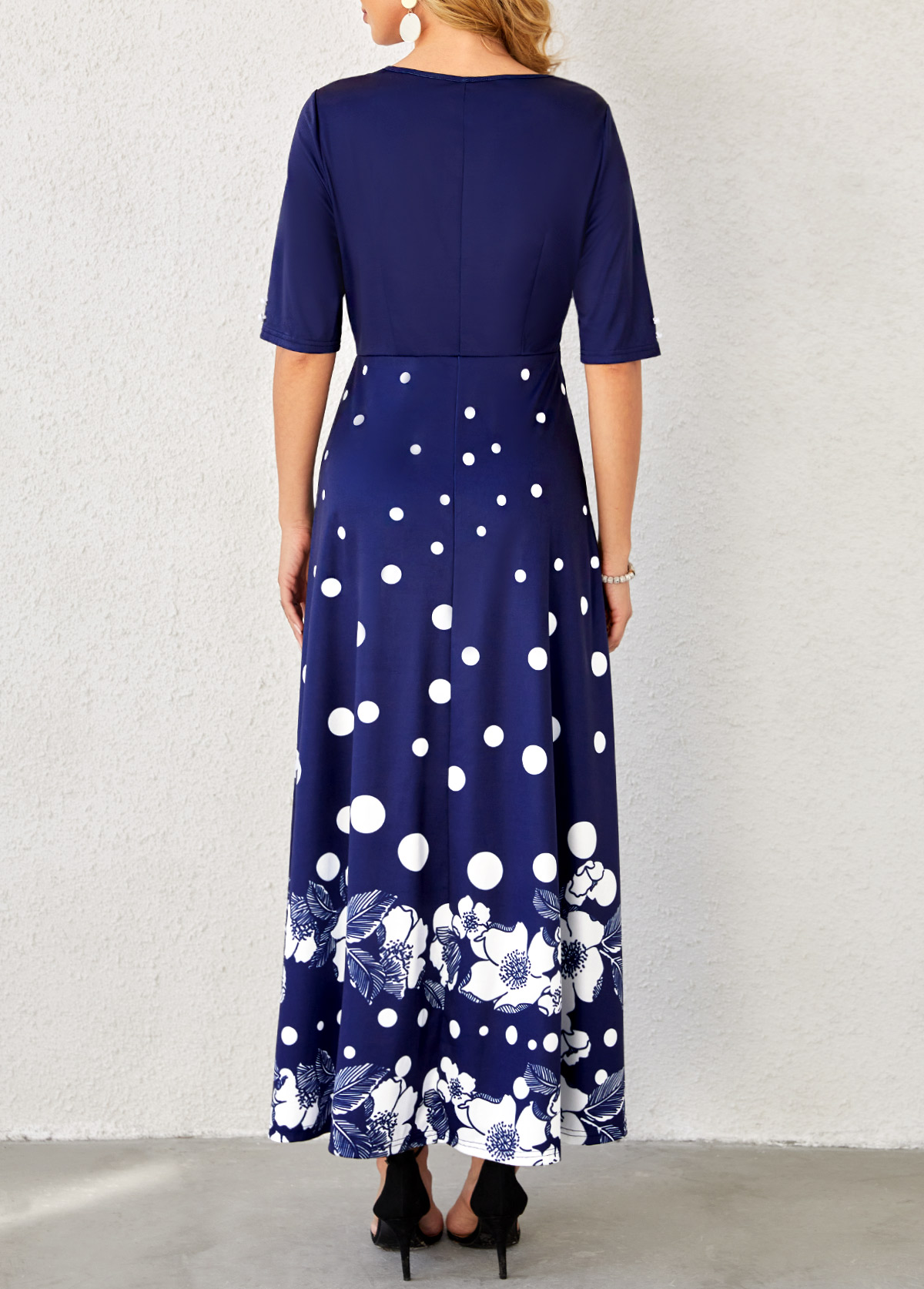 Floral Print Navy Blue Polka Dot Dress