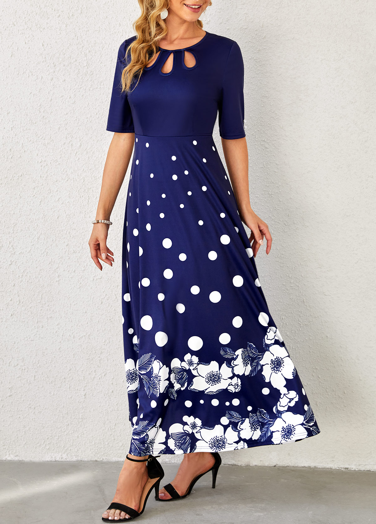Floral Print Navy Blue Polka Dot Dress
