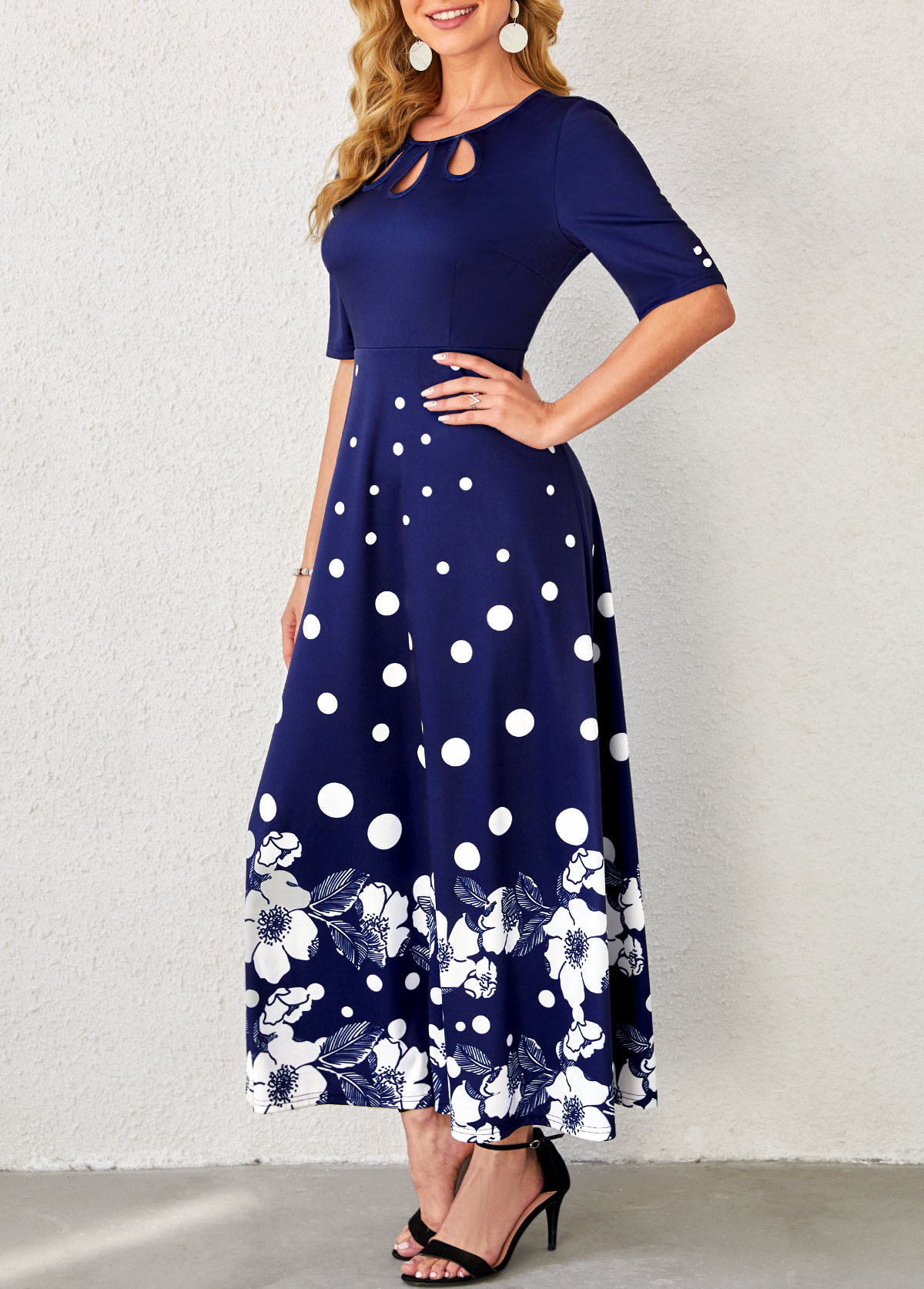 Floral Print Navy Blue Polka Dot Dress