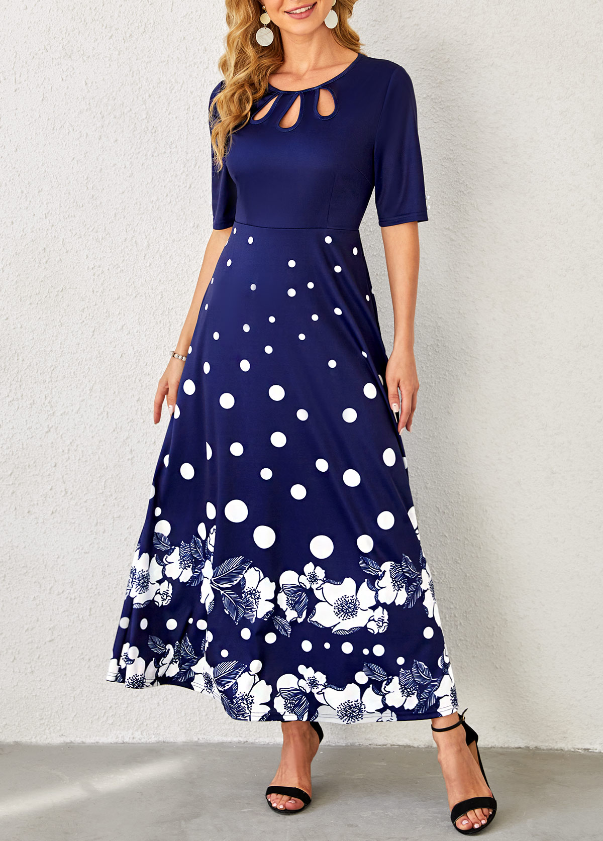 Floral Print Navy Blue Polka Dot Dress