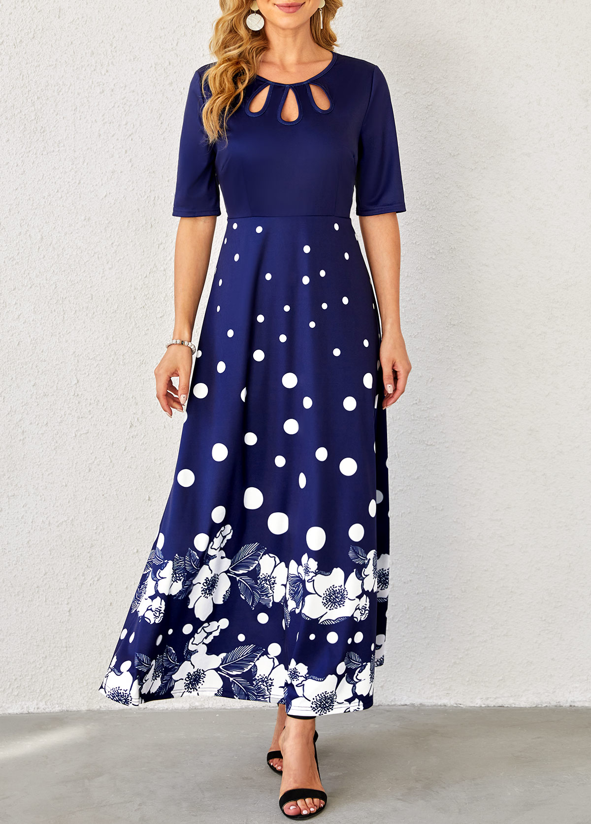 Floral Print Navy Blue Polka Dot Dress