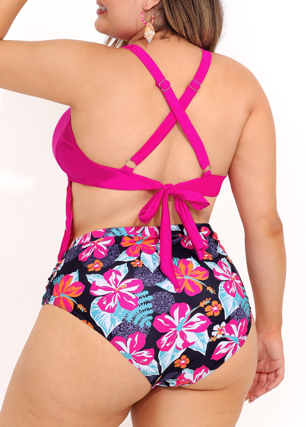 Plus Size Floral Print High Waist Tassel Bikini Set
