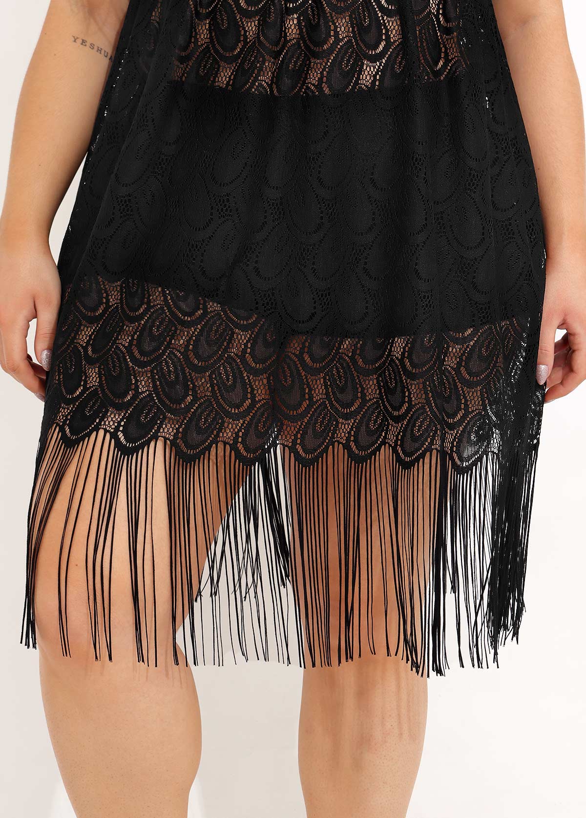 Lace Stitching Tassel Plus Size Black Swimdress Top