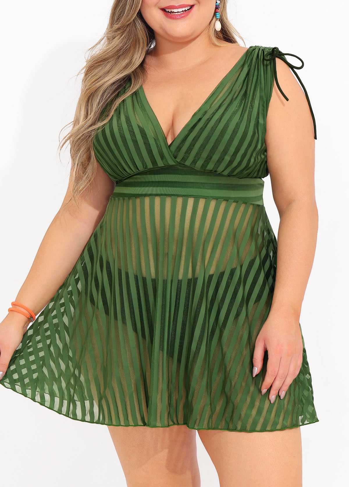 Plus Size Olive Green Striped Swimdress Set