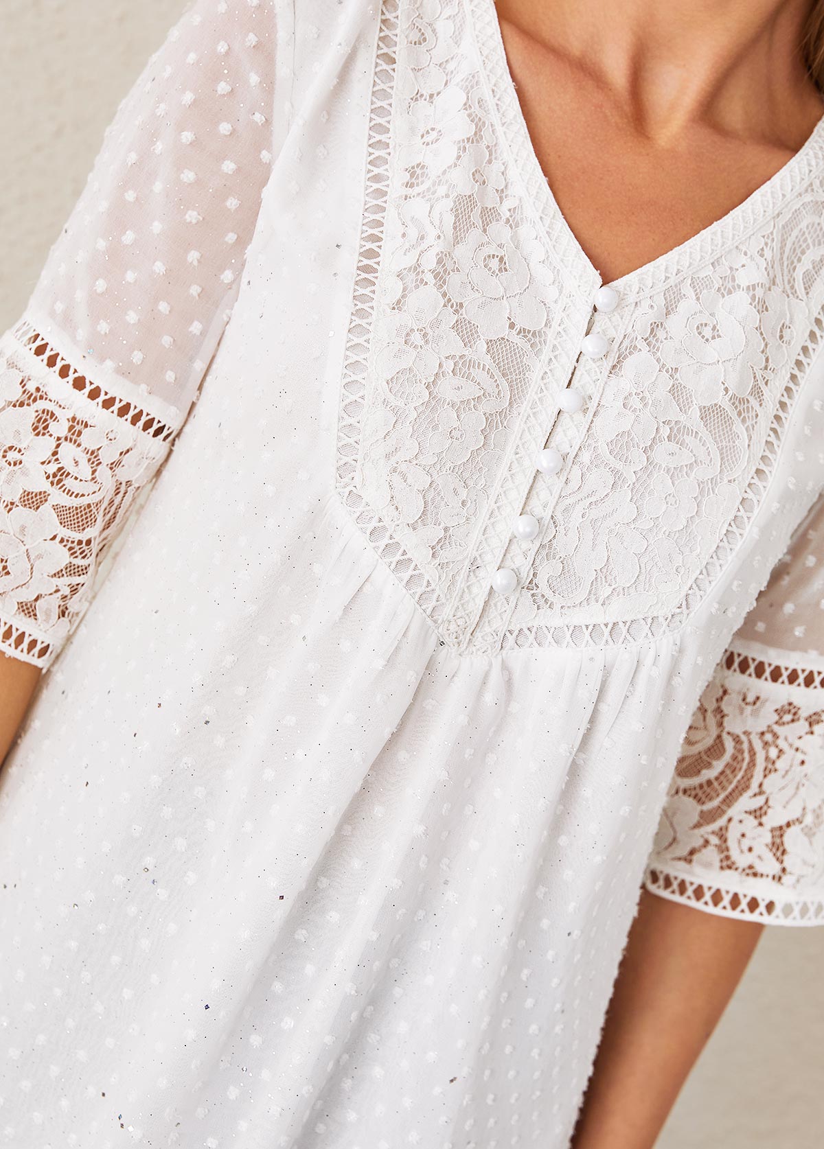 Lace Stitching Sequin V Neck White Blouse