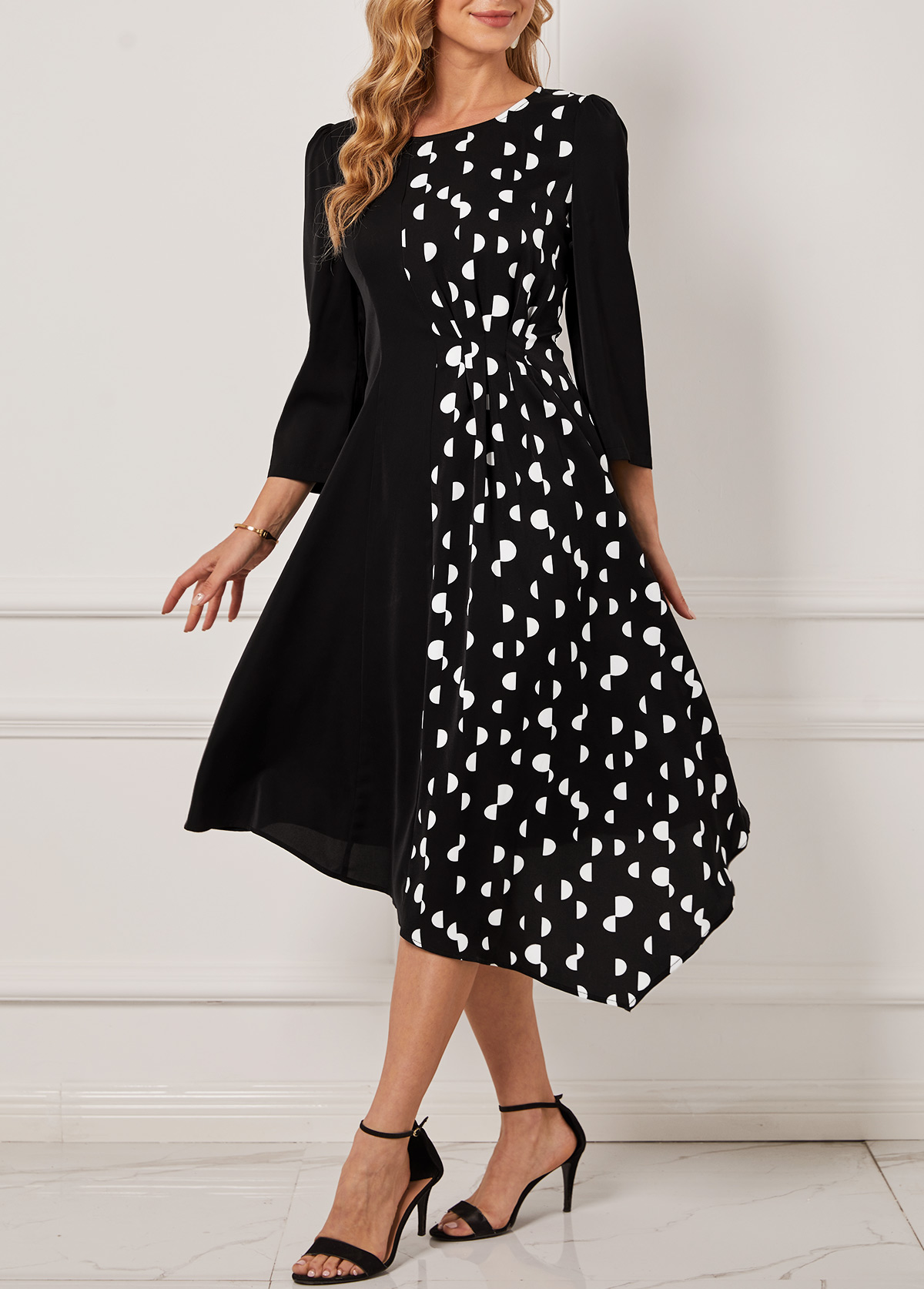 Black Polka Dot Asymmetric Hem Dress