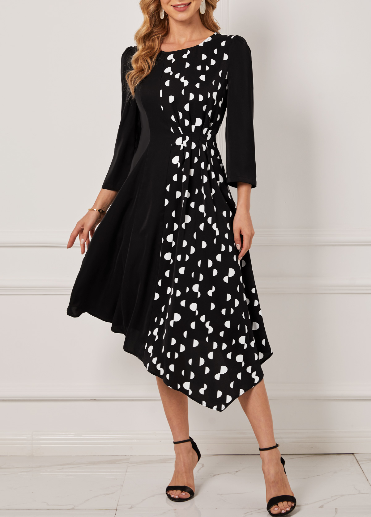 Black Polka Dot Asymmetric Hem Dress
