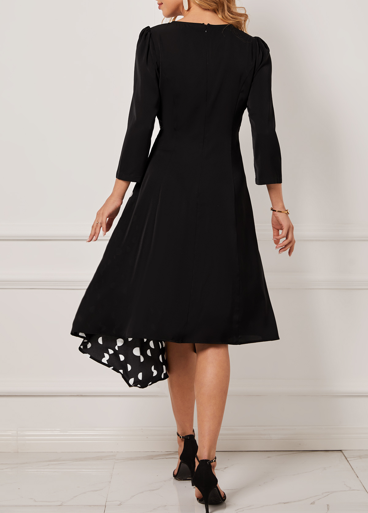 Black Polka Dot Asymmetric Hem Dress
