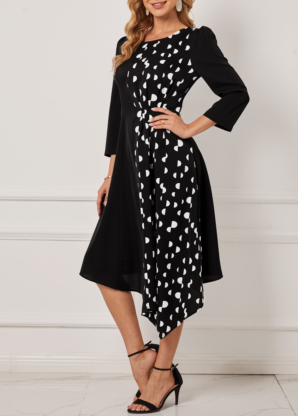Black Polka Dot Asymmetric Hem Dress