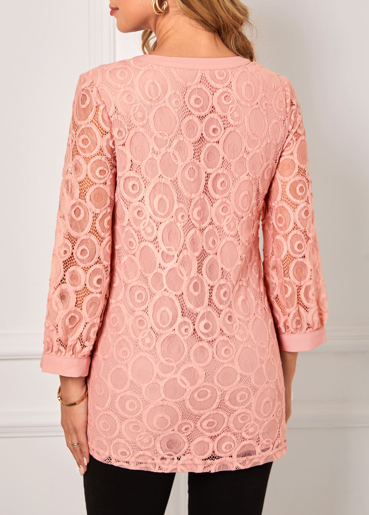 Lace Stitching Split Neck Pink Blouse