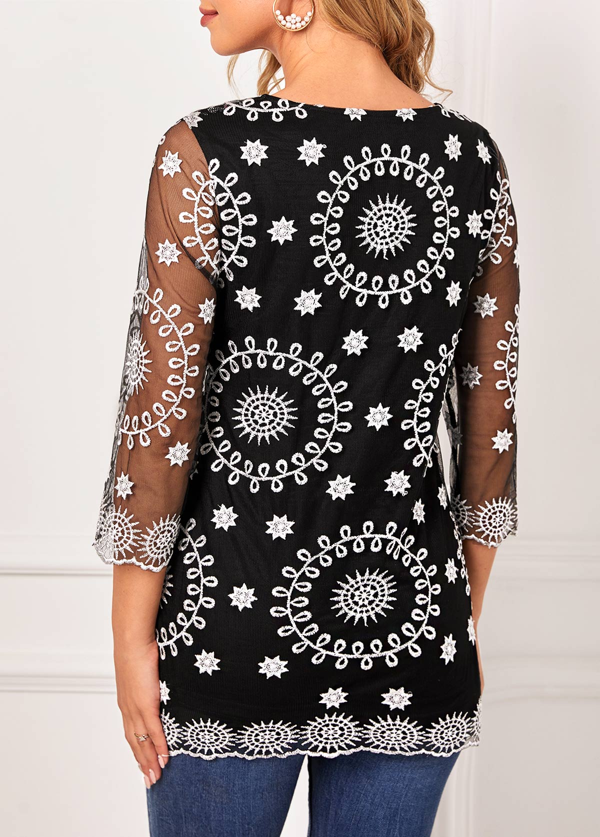 Embroidered Black Lace Stitching 3/4 Sleeve T Shirt