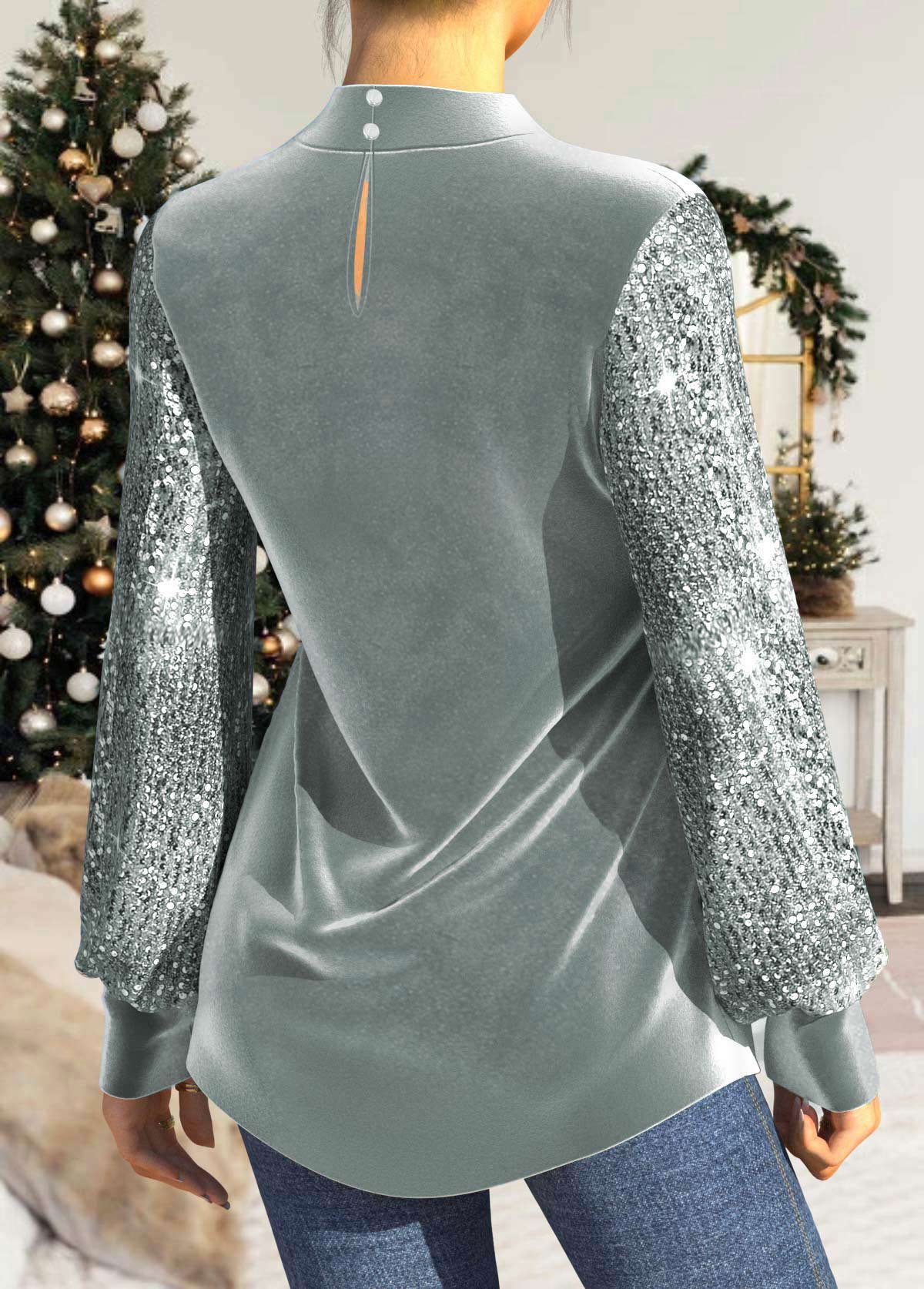 Grey Velvet Stitching Sequin Long Sleeve T Shirt