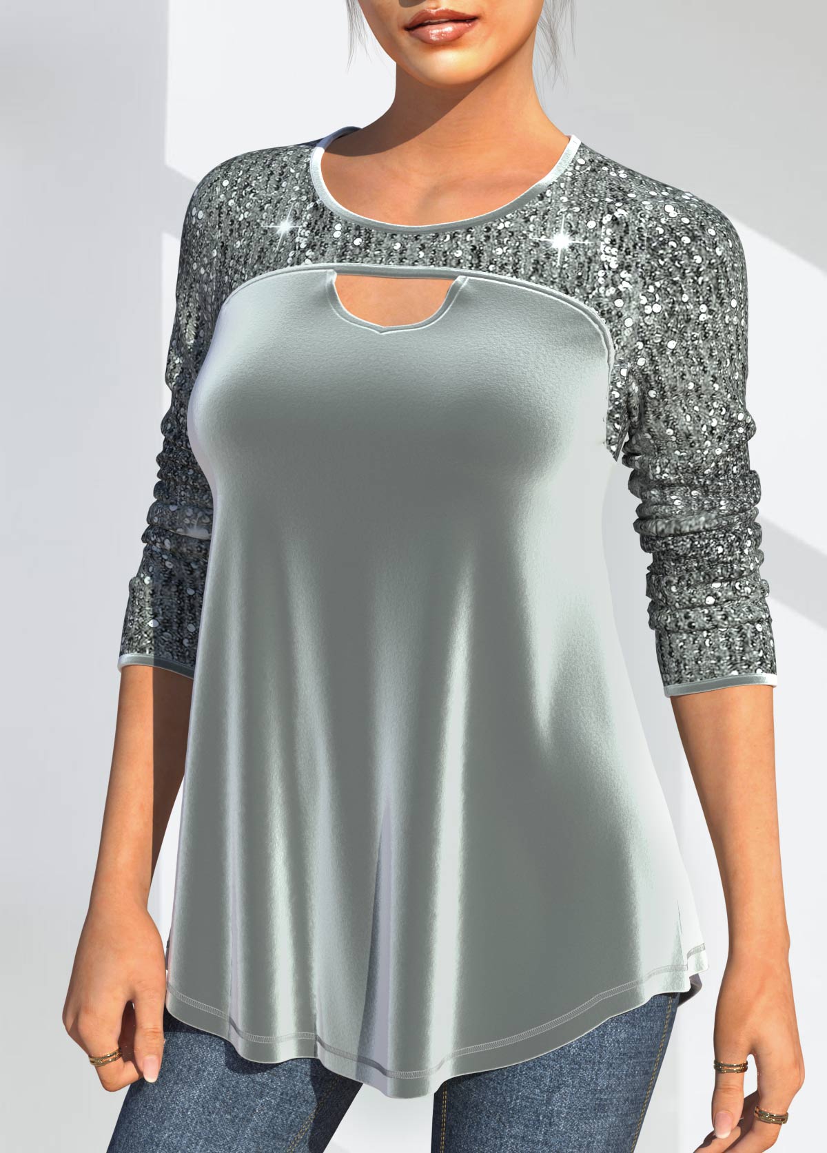 Grey Velvet Stitching Cutout Design Sequin T Shirt