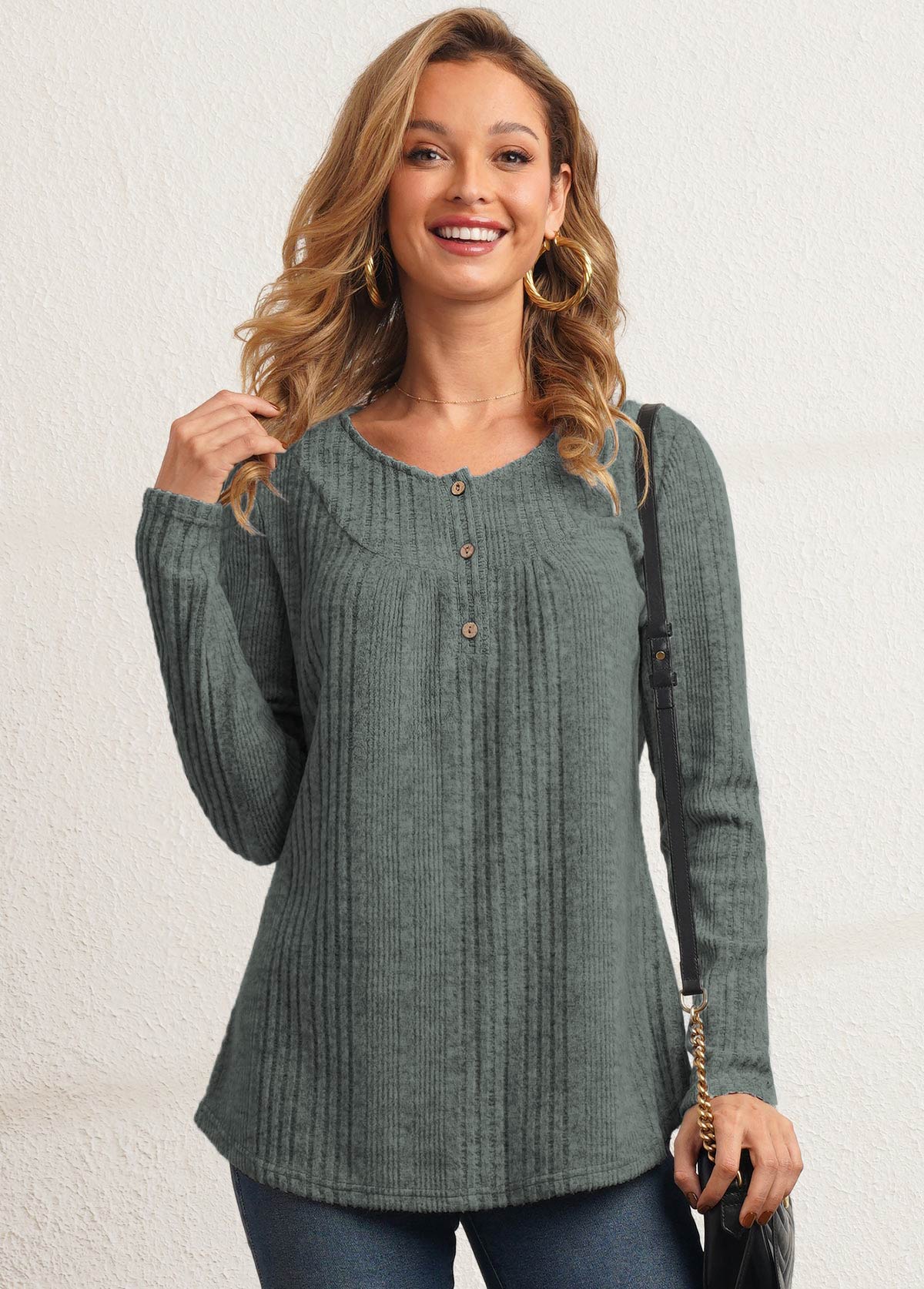 Button Detail Textile Fabric Sage Green T Shirt