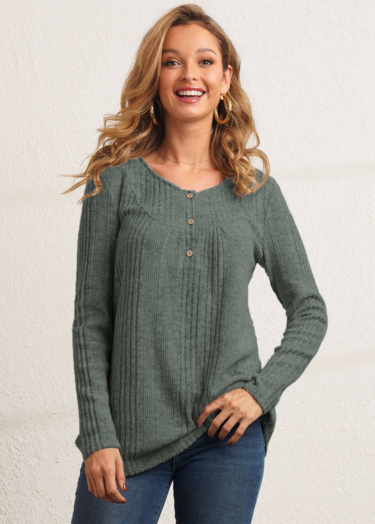 Button Detail Textile Fabric Sage Green T Shirt