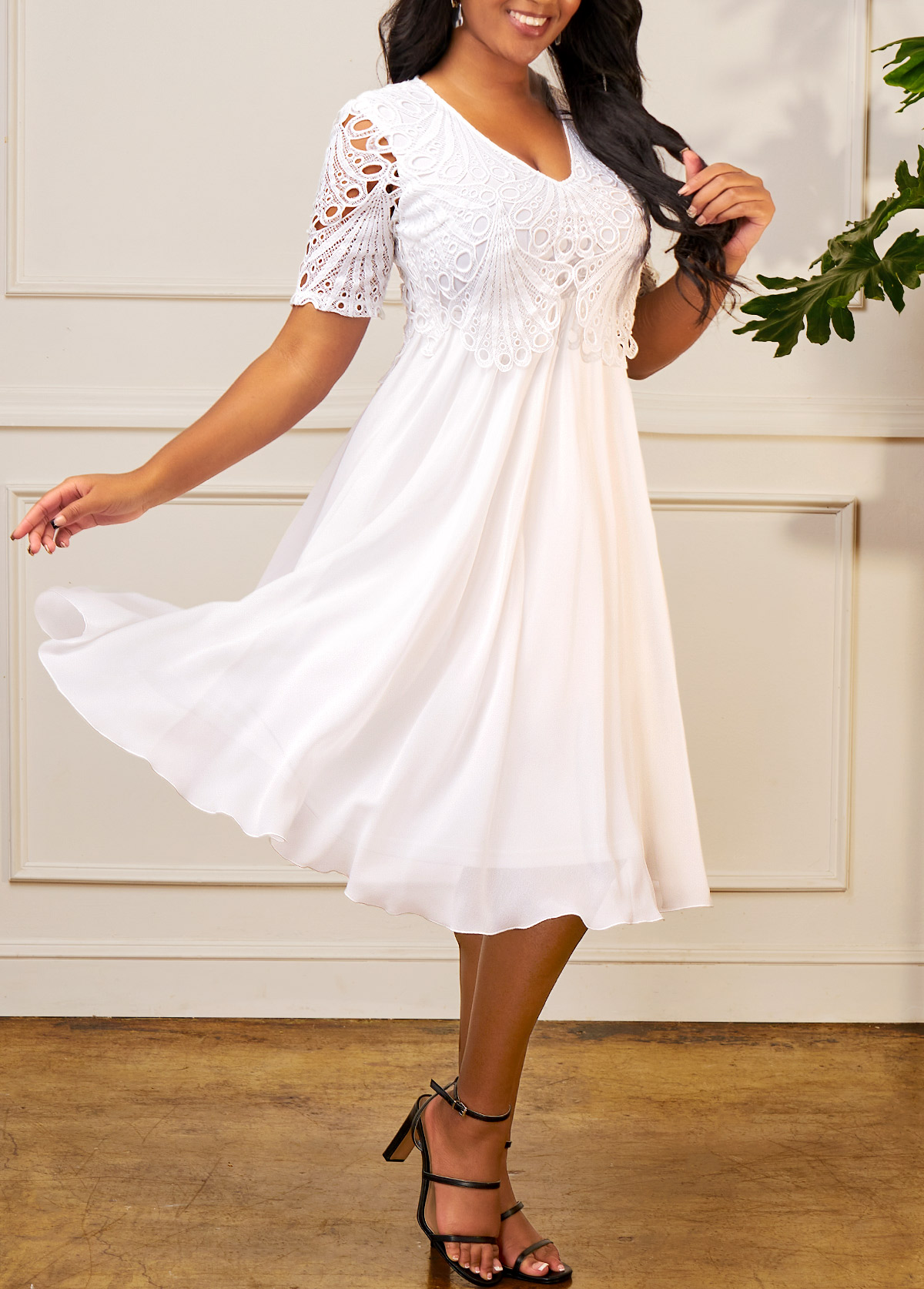 Chiffon Lace Stitching Short Sleeve White Dress