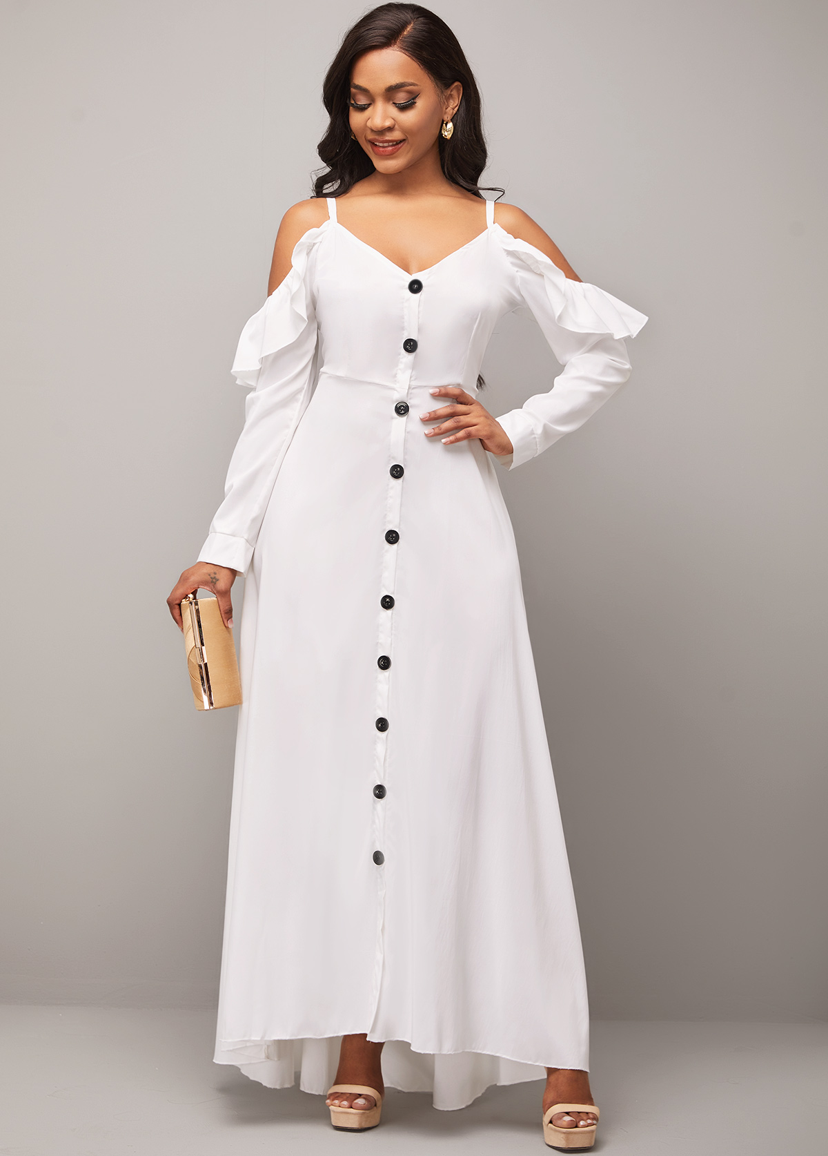 Strappy Cold Shoulder Decorative Button Flounce White Dress