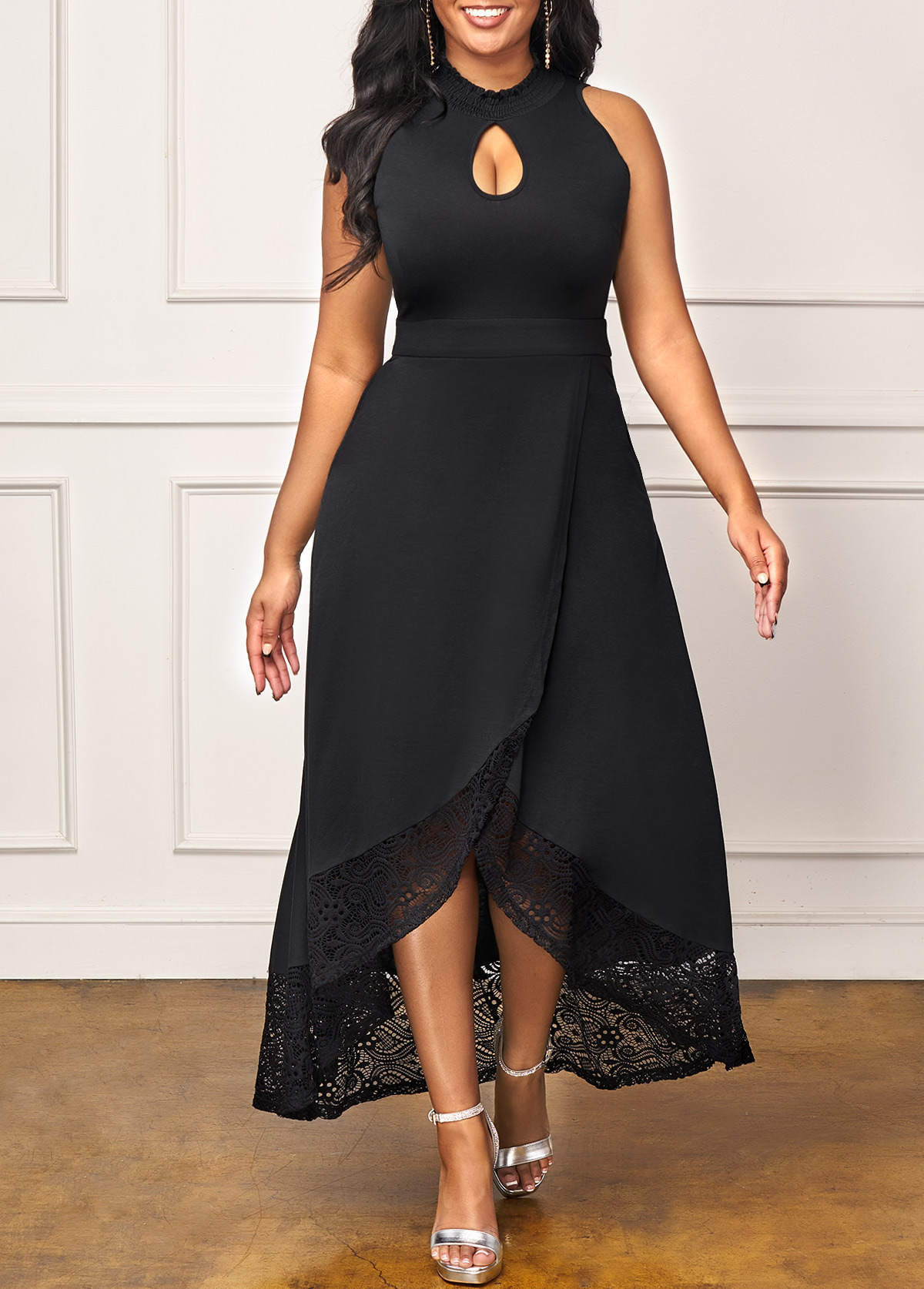 Lace Stitching Black Crossover Hem Keyhole Neckline Dress