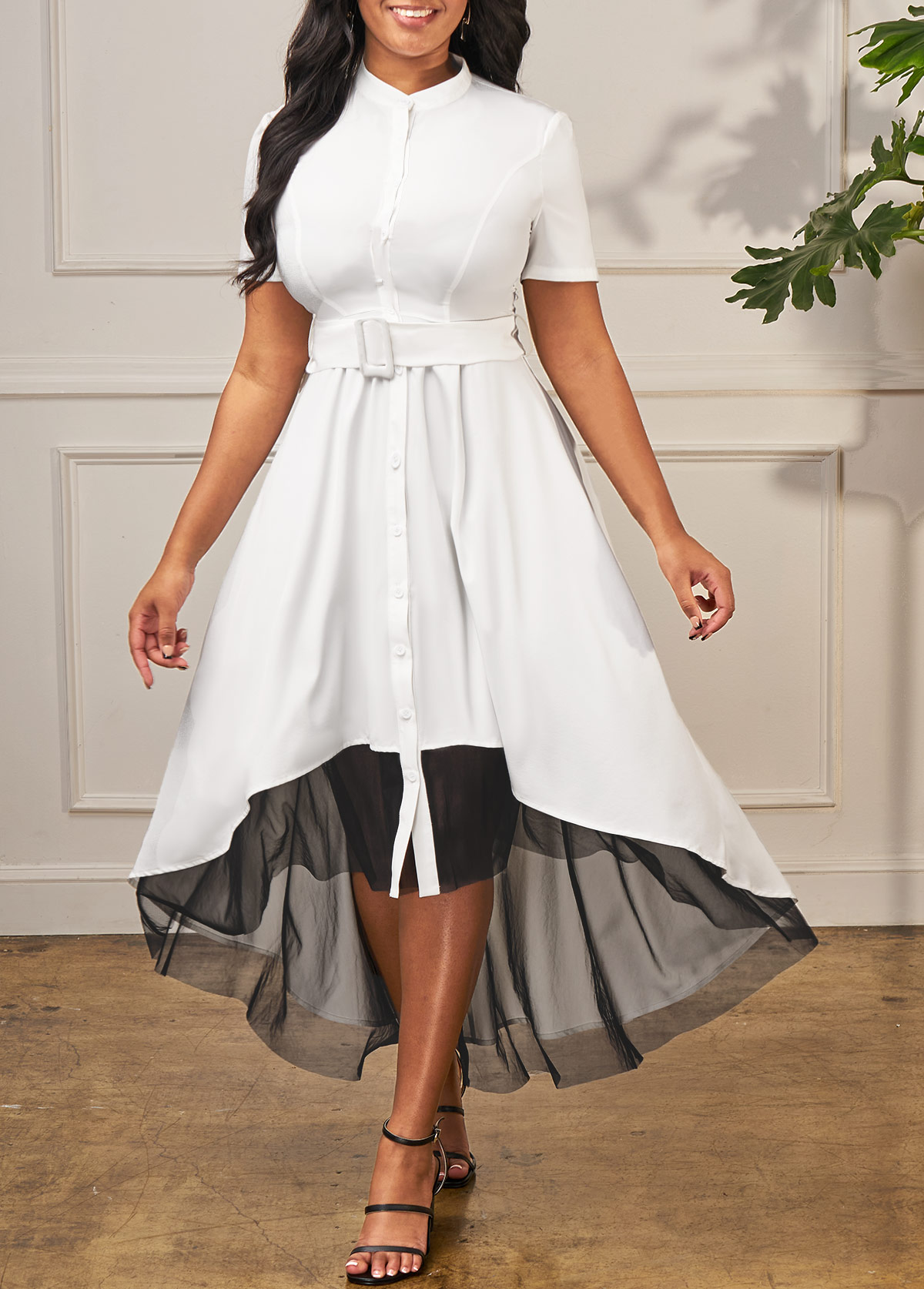 Dip Hem Contrast Short Sleeve White Dress