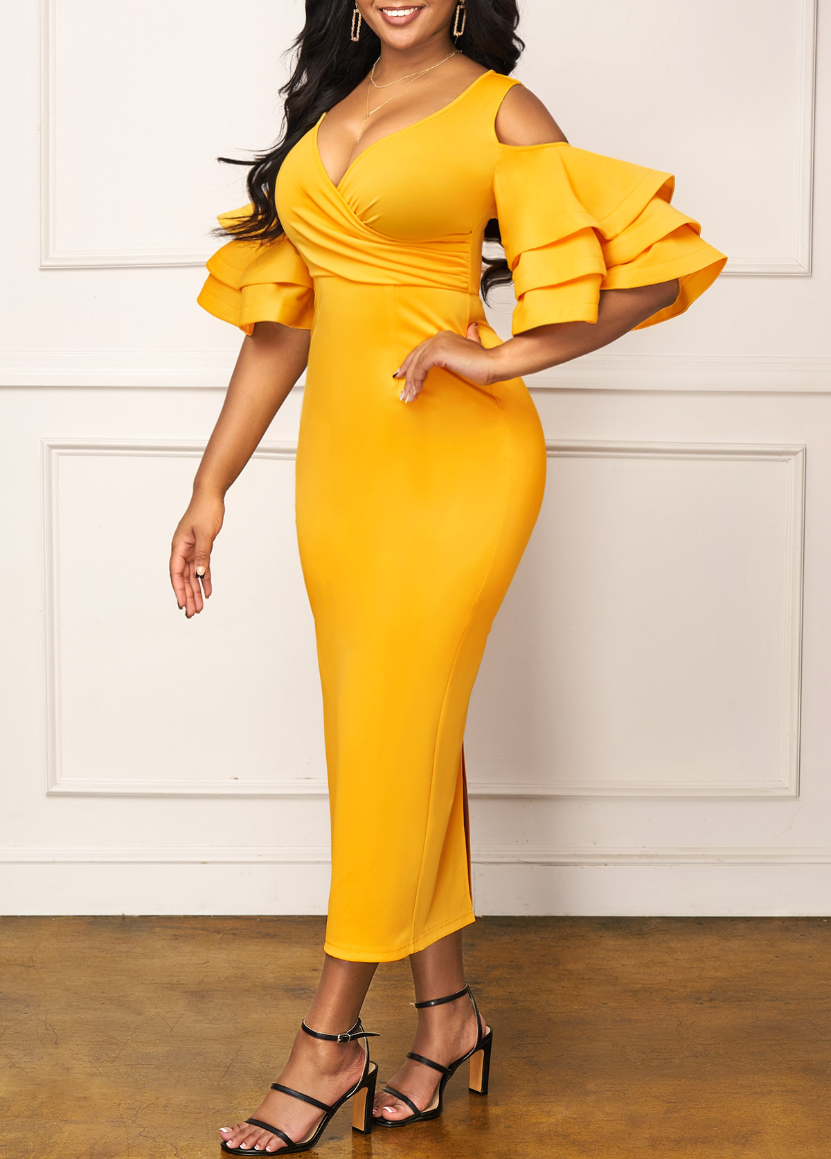 Layered Ruffle Sleeve Back Slit Yellow Dress