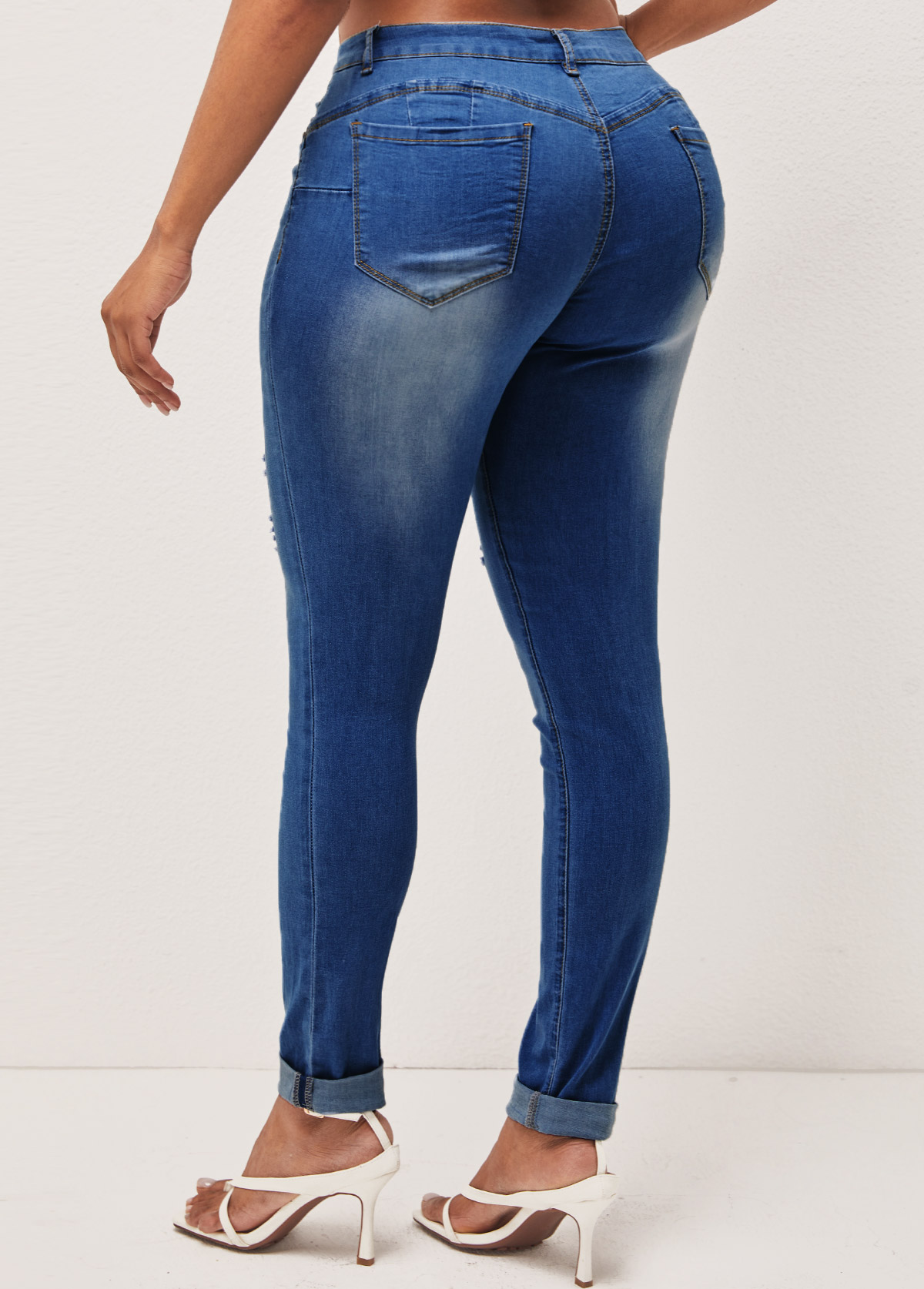 Denim Blue Shredded Pocket Skinny Mid Waist Jeans