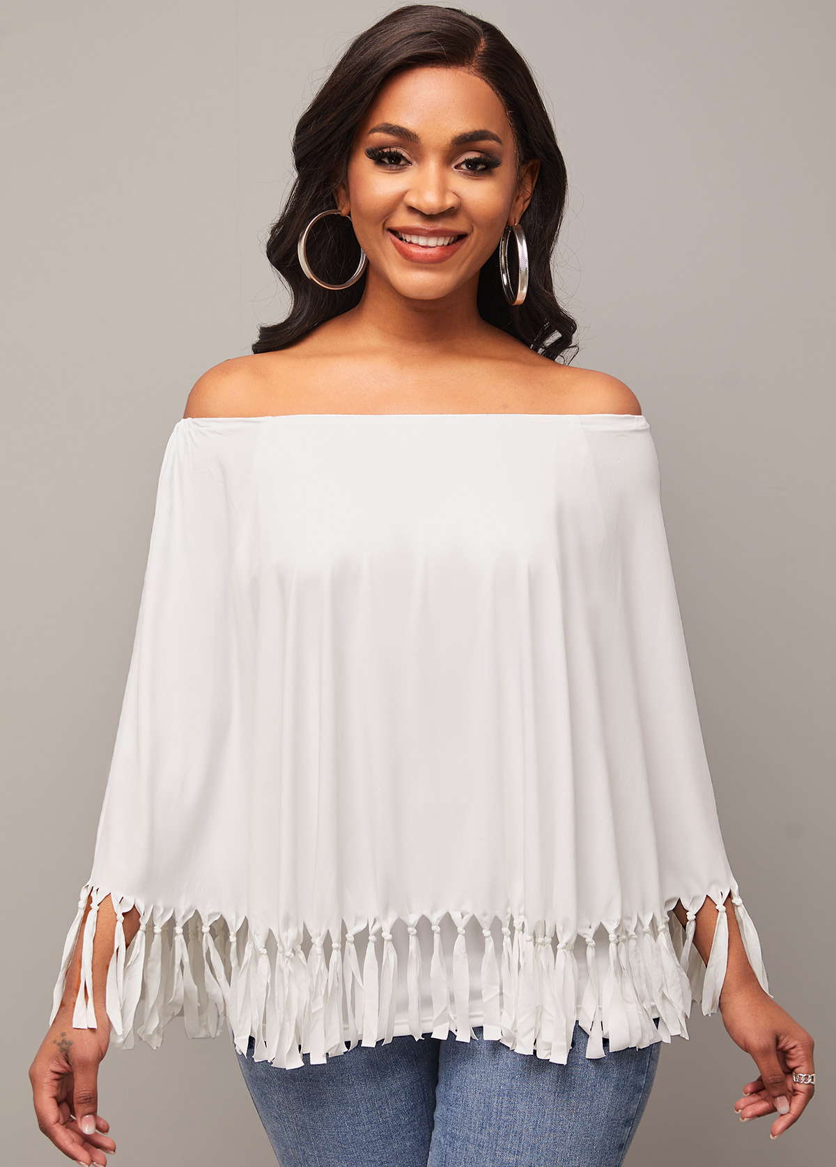Off Shoulder White Layered Tassel T Shirt