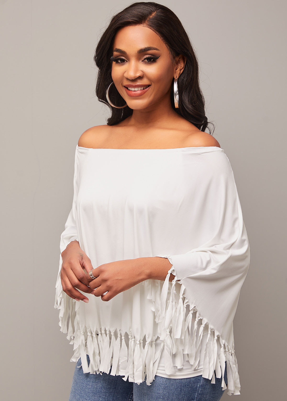 Off Shoulder White Layered Tassel T Shirt