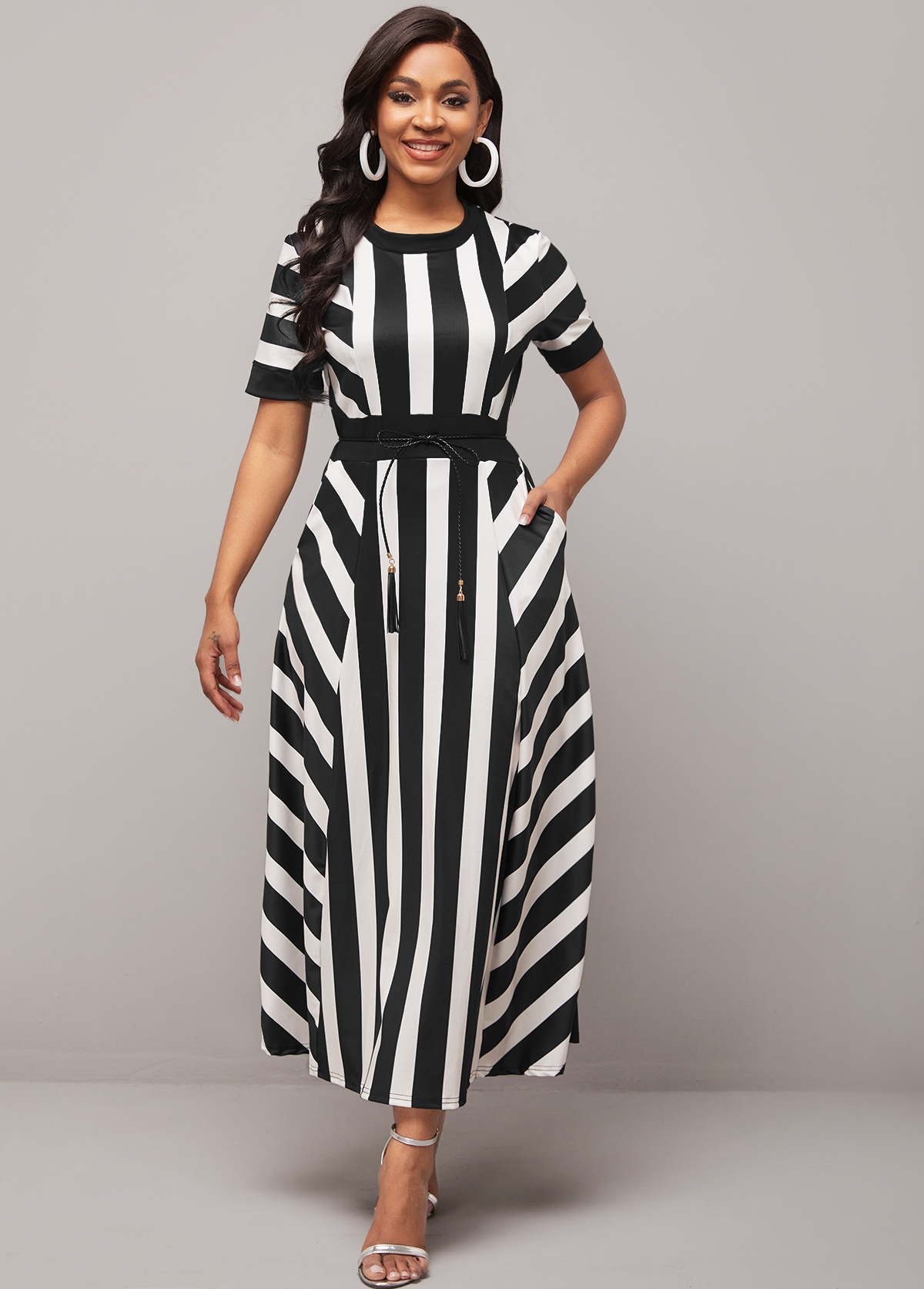 Round Neck Belted Color Block Striped Dress | Rosewe.com - USD $31.98