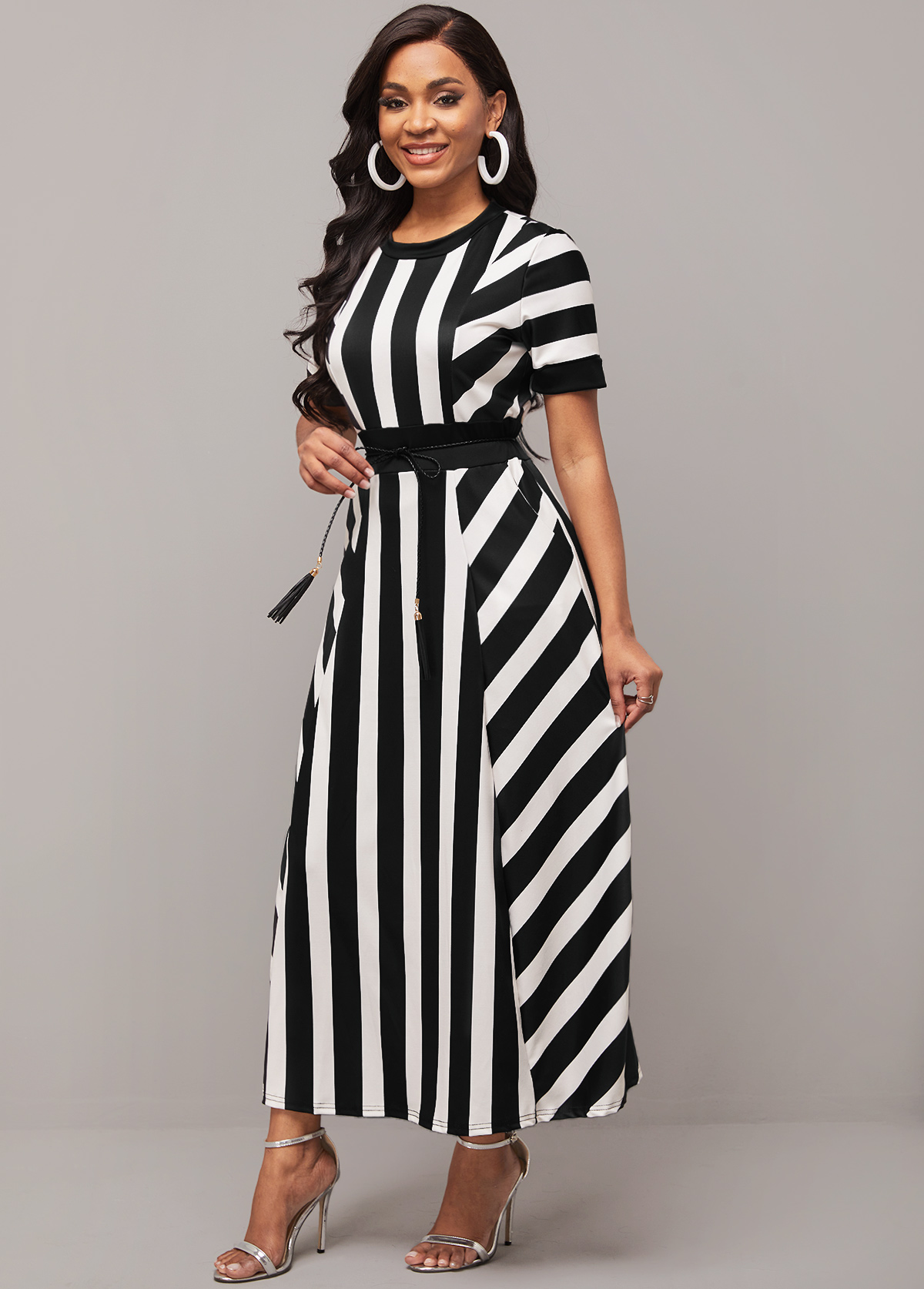 Round Neck Belted Color Block Striped Dress