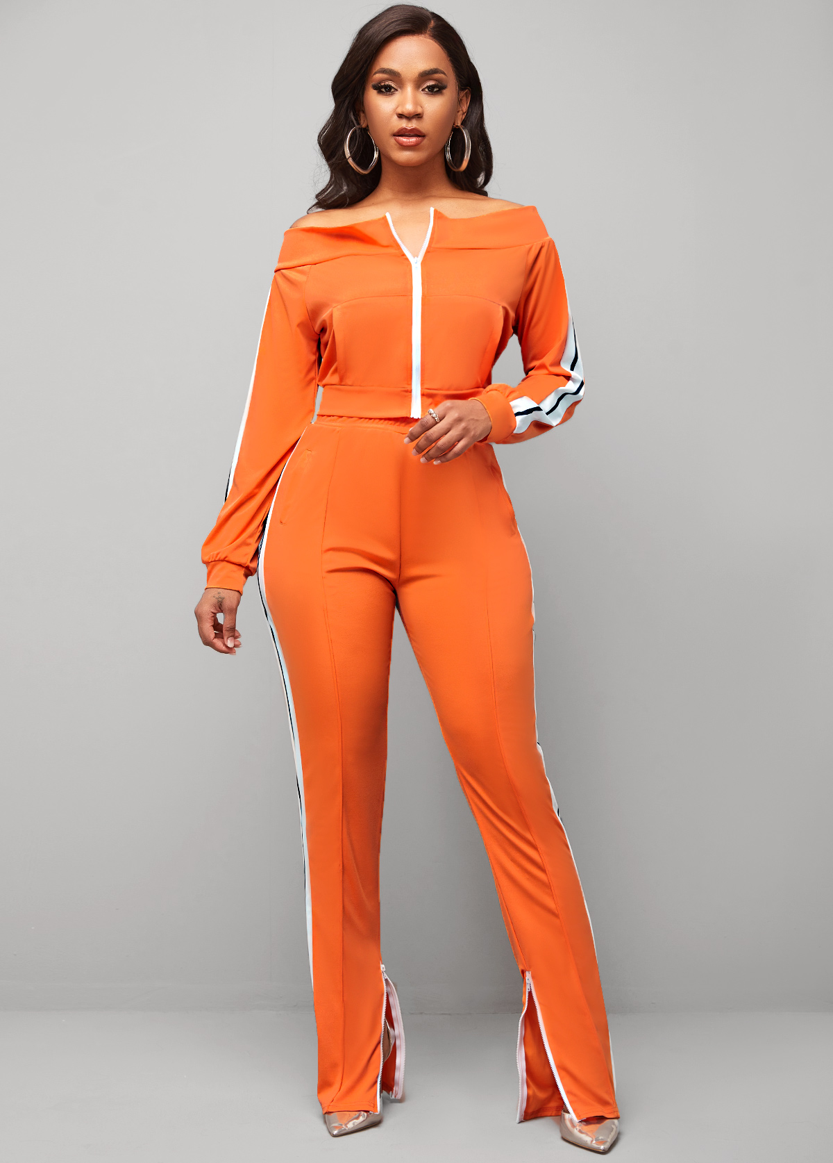 Off Shoulder Zipper Closure Orange Contrast Sweatsuit Set