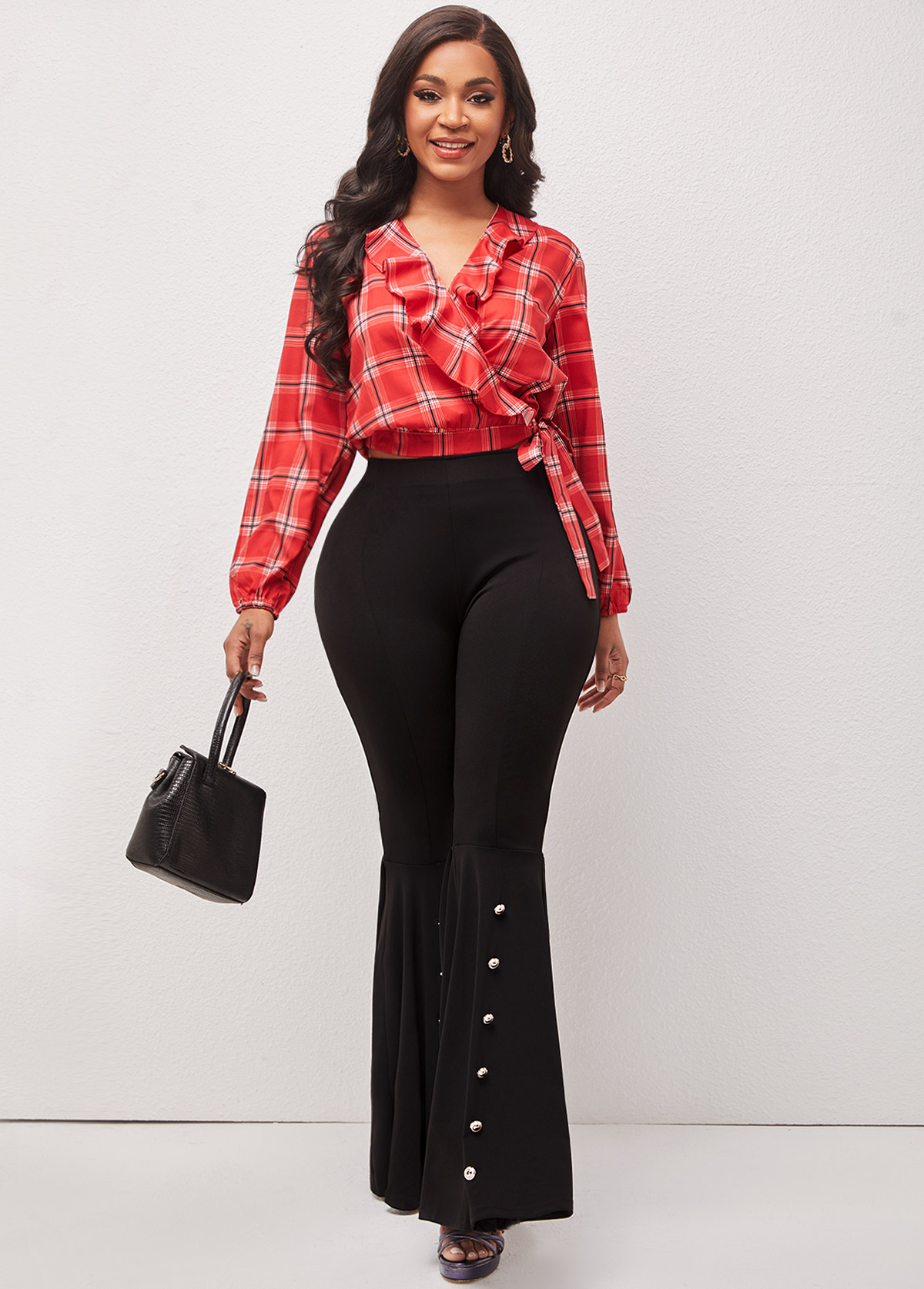 High Waisted Decorative Button Black Flare Pants