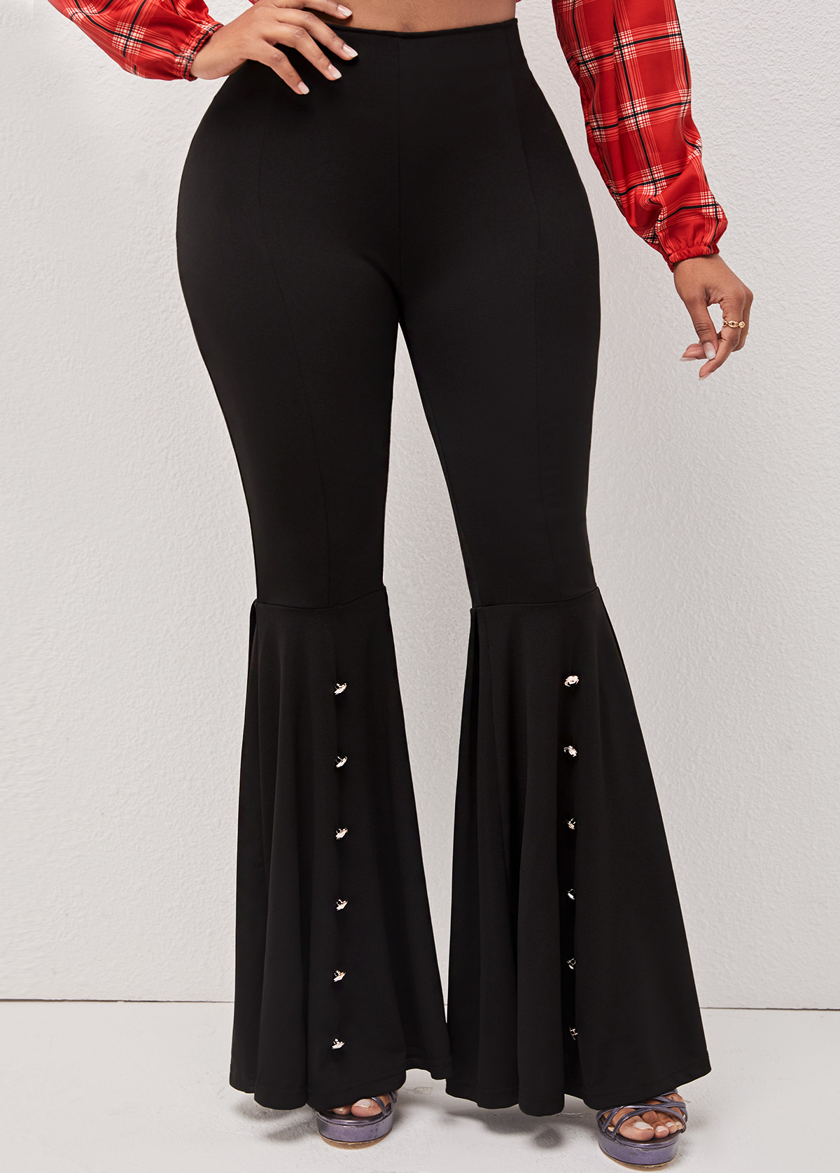 High Waisted Decorative Button Black Flare Pants