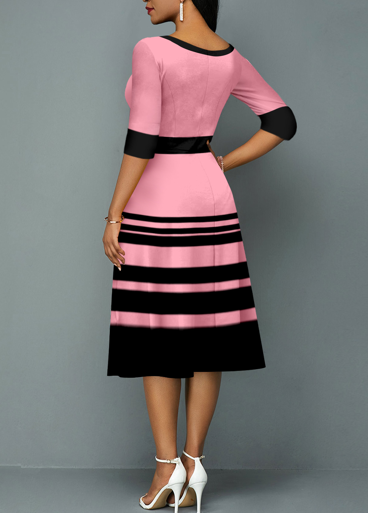 Pink Stripe Print Round Neck Dress