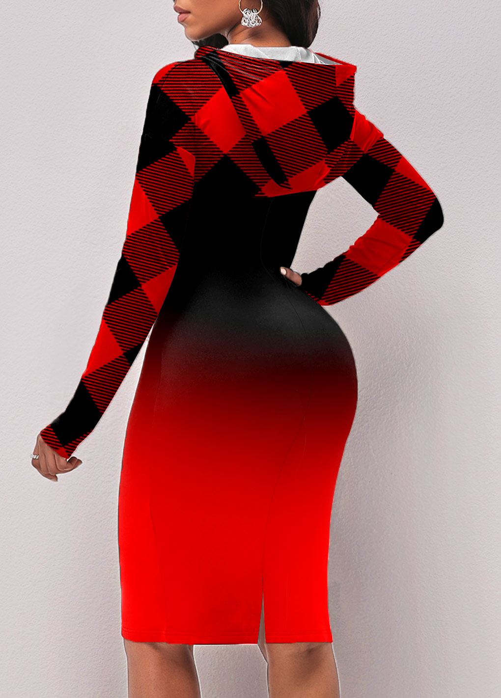 Red Plaid Drawstring Hooded Collar Dress